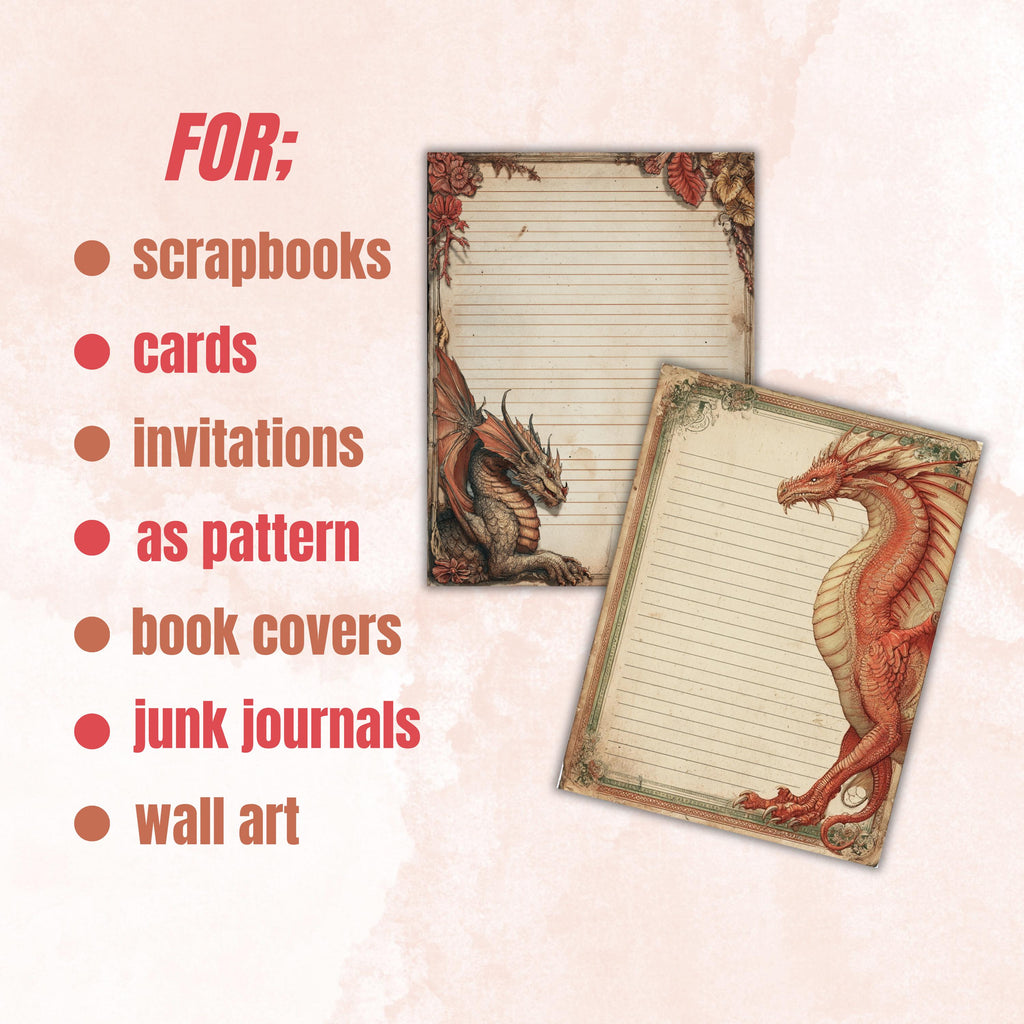 41 Dragon Border Lined Pages Printable, Letter Size Fantasy Dragon Writing Paper Stationery Commercial Use