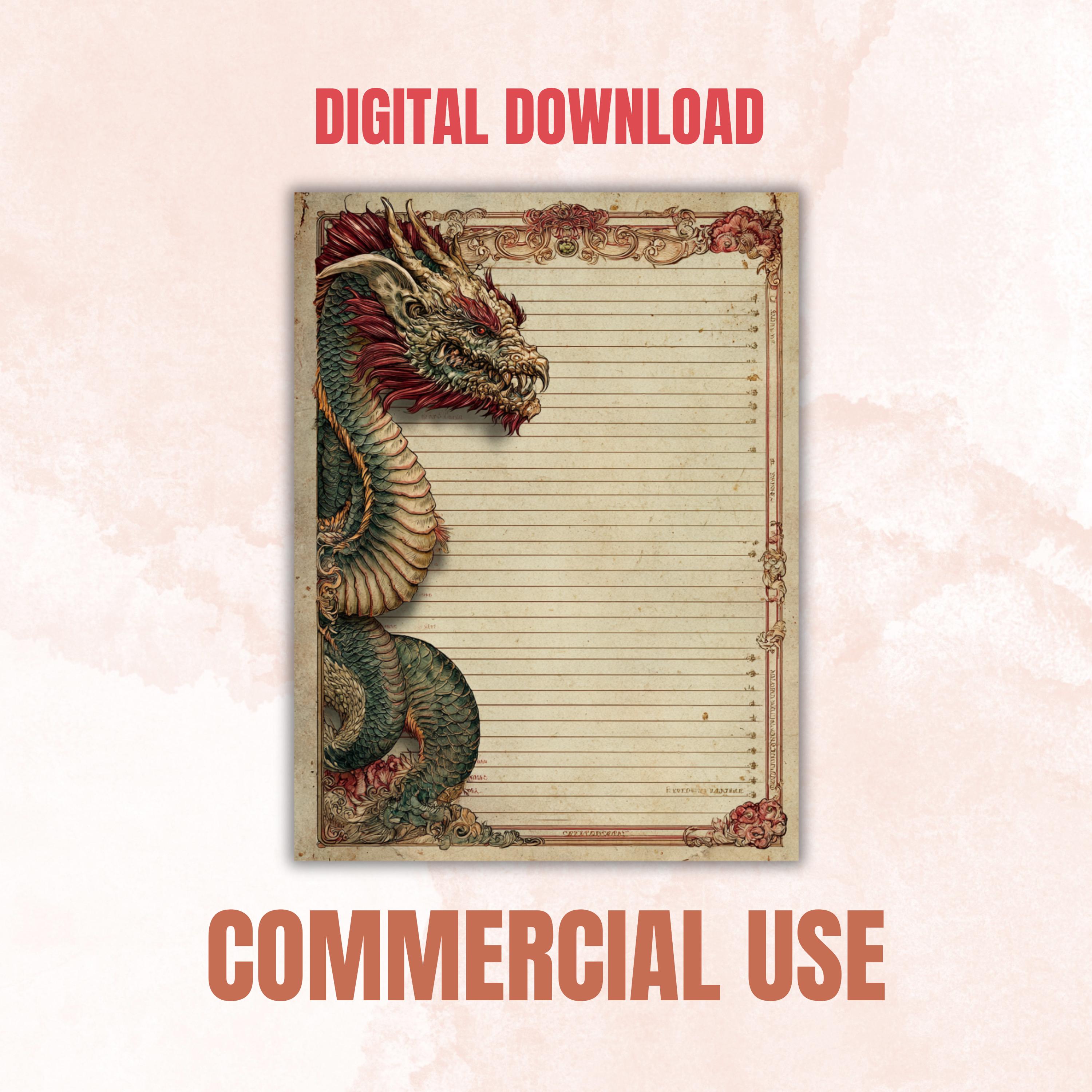 41 Dragon Border Lined Pages Printable, Letter Size Fantasy Dragon Writing Paper Stationery Commercial Use