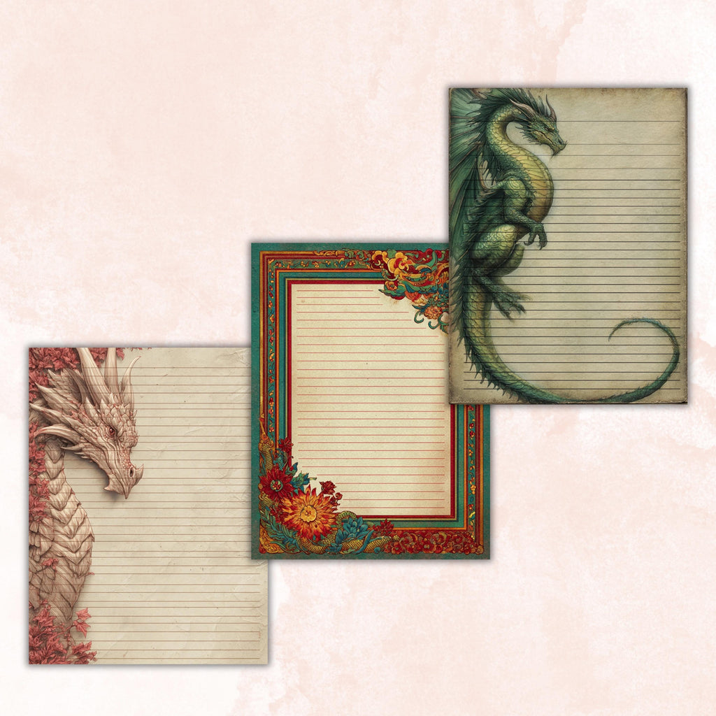 41 Dragon Border Lined Pages Printable, Letter Size Fantasy Dragon Writing Paper Stationery Commercial Use
