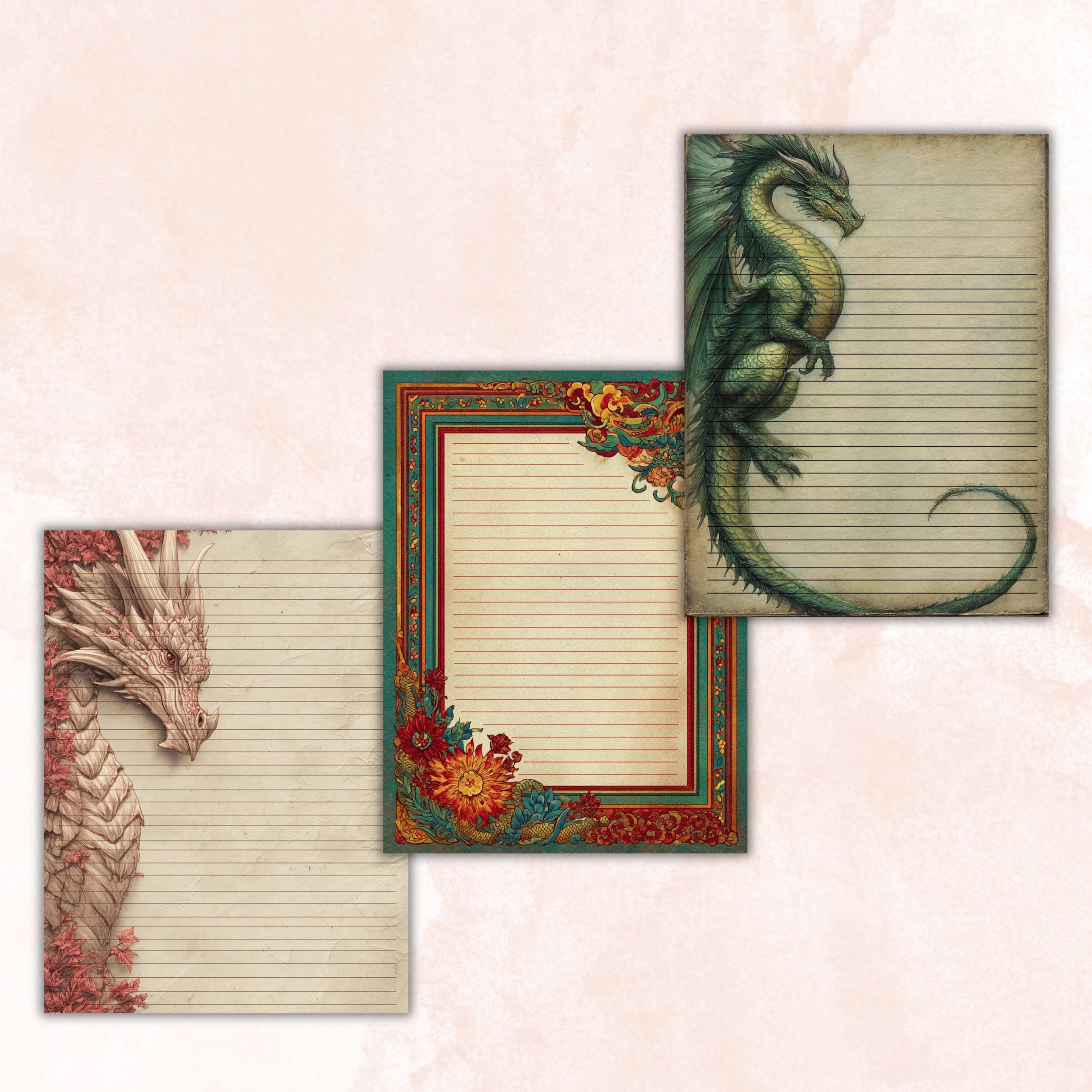 41 Dragon Border Lined Pages Printable, Letter Size Fantasy Dragon Writing Paper Stationery Commercial Use