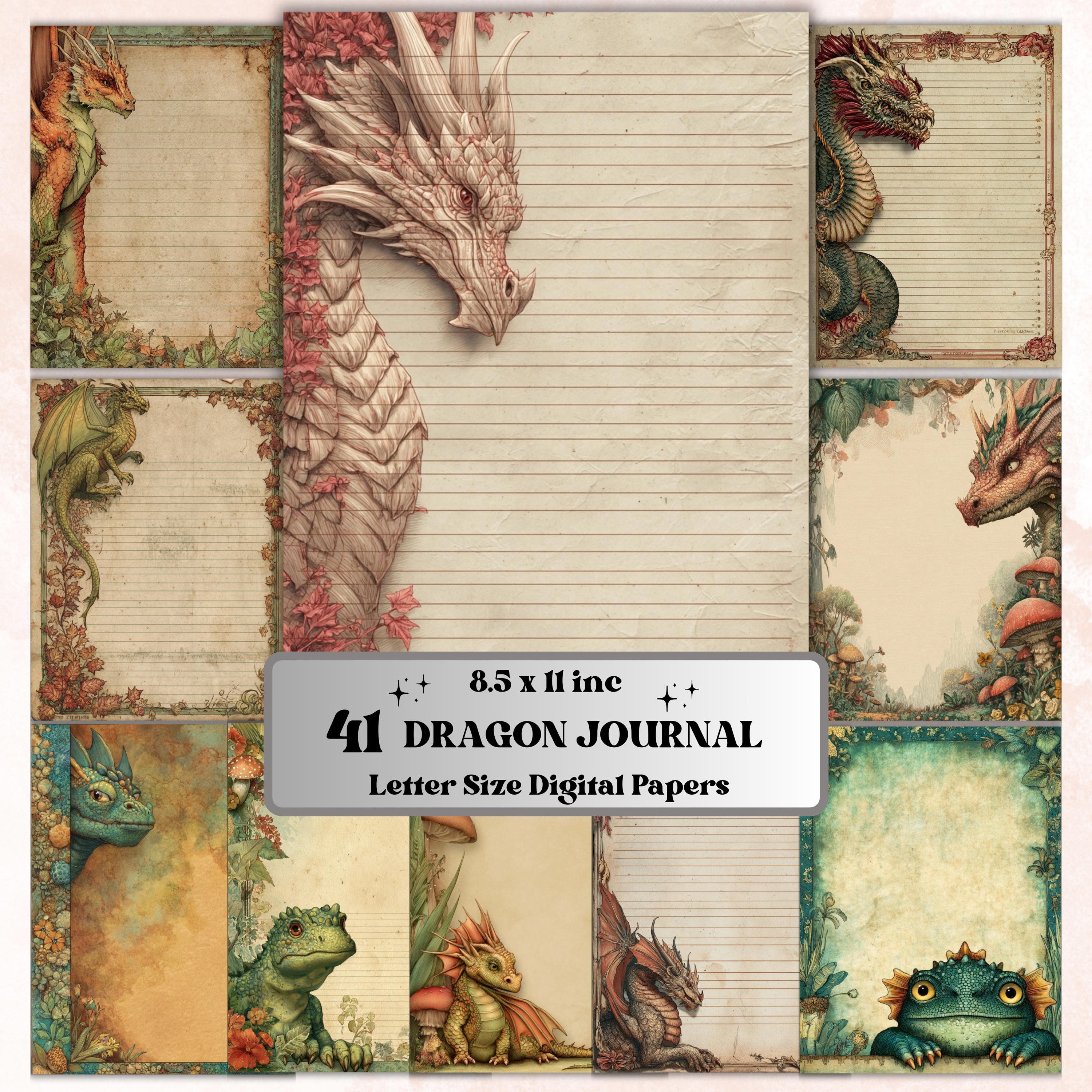 41 Dragon Border Lined Pages Printable, Letter Size Fantasy Dragon Writing Paper Stationery Commercial Use