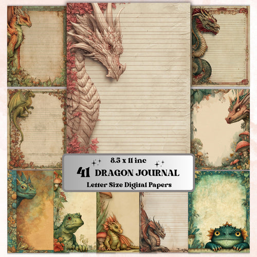 41 Dragon Border Lined Pages Printable, Letter Size Fantasy Dragon Writing Paper Stationery Commercial Use