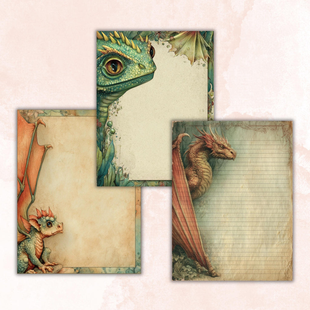 41 Dragon Border Lined Pages Printable, Letter Size Fantasy Dragon Writing Paper Stationery Commercial Use