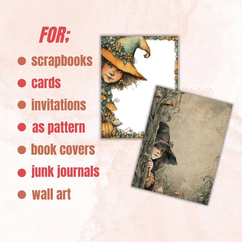 44 Witch Peeking Border Lined Pages Printable, Letter Size Cute Witch Writing Paper Halloween Stationery Commercial Use