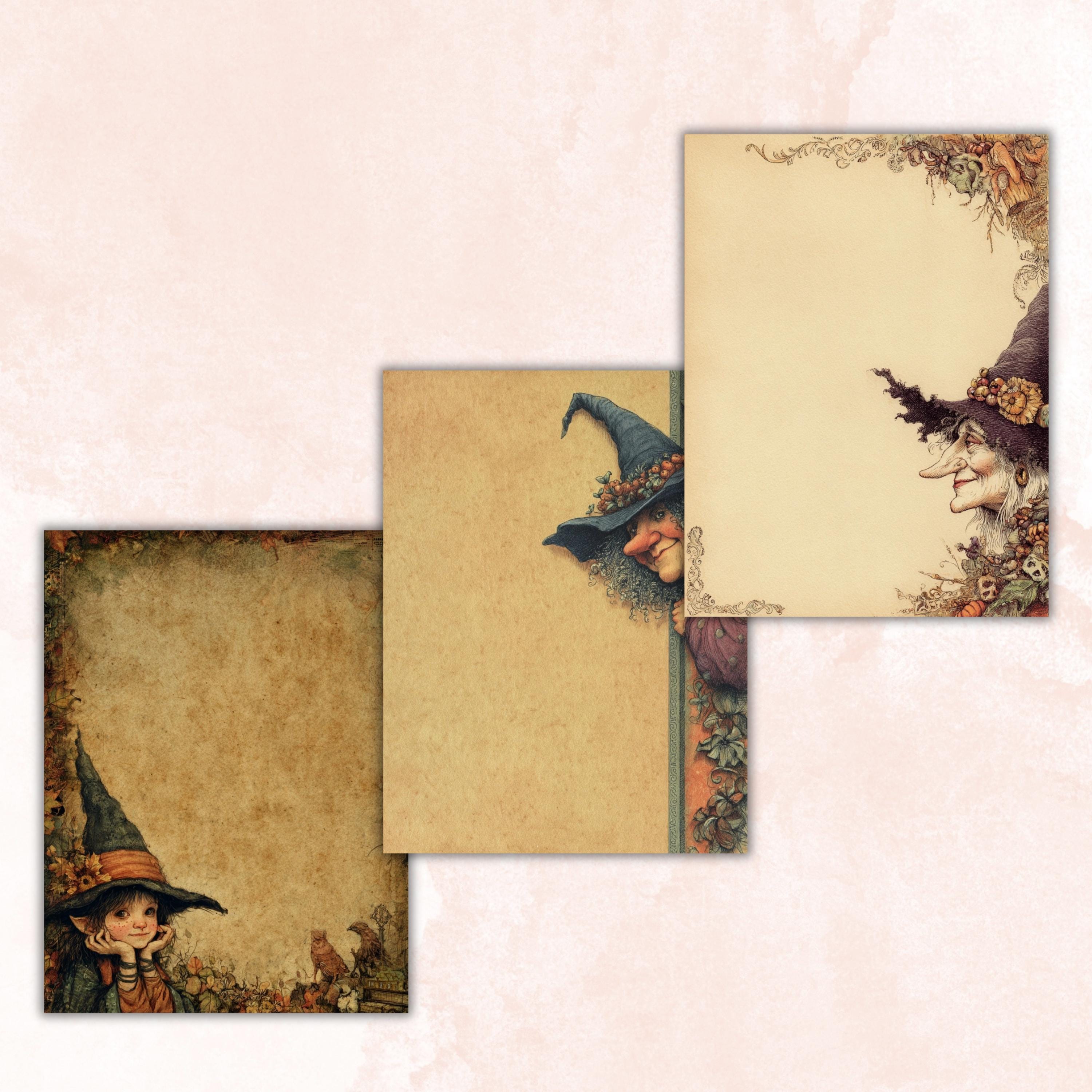 44 Witch Peeking Border Lined Pages Printable, Letter Size Cute Witch Writing Paper Halloween Stationery Commercial Use
