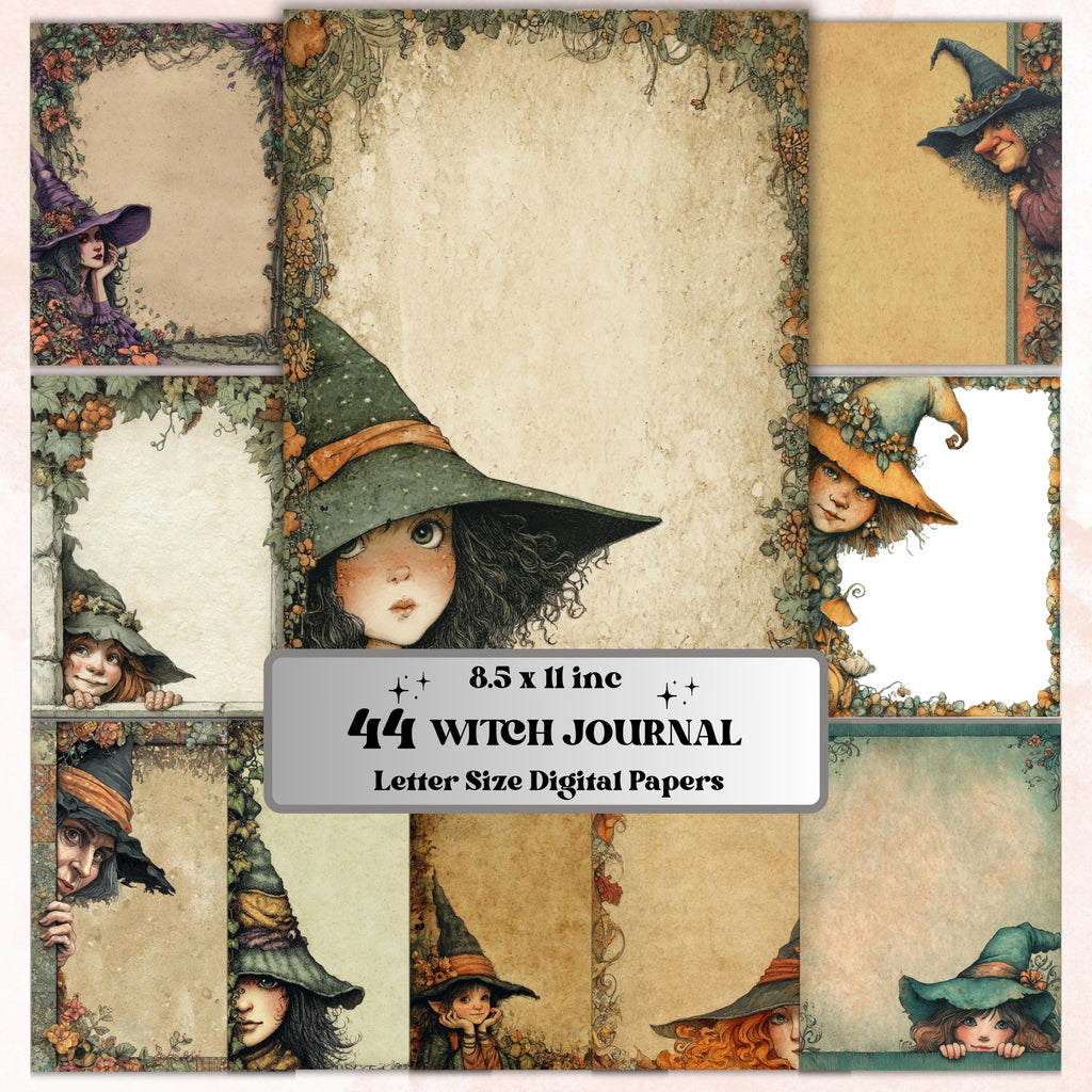 44 Witch Peeking Border Lined Pages Printable, Letter Size Cute Witch Writing Paper Halloween Stationery Commercial Use