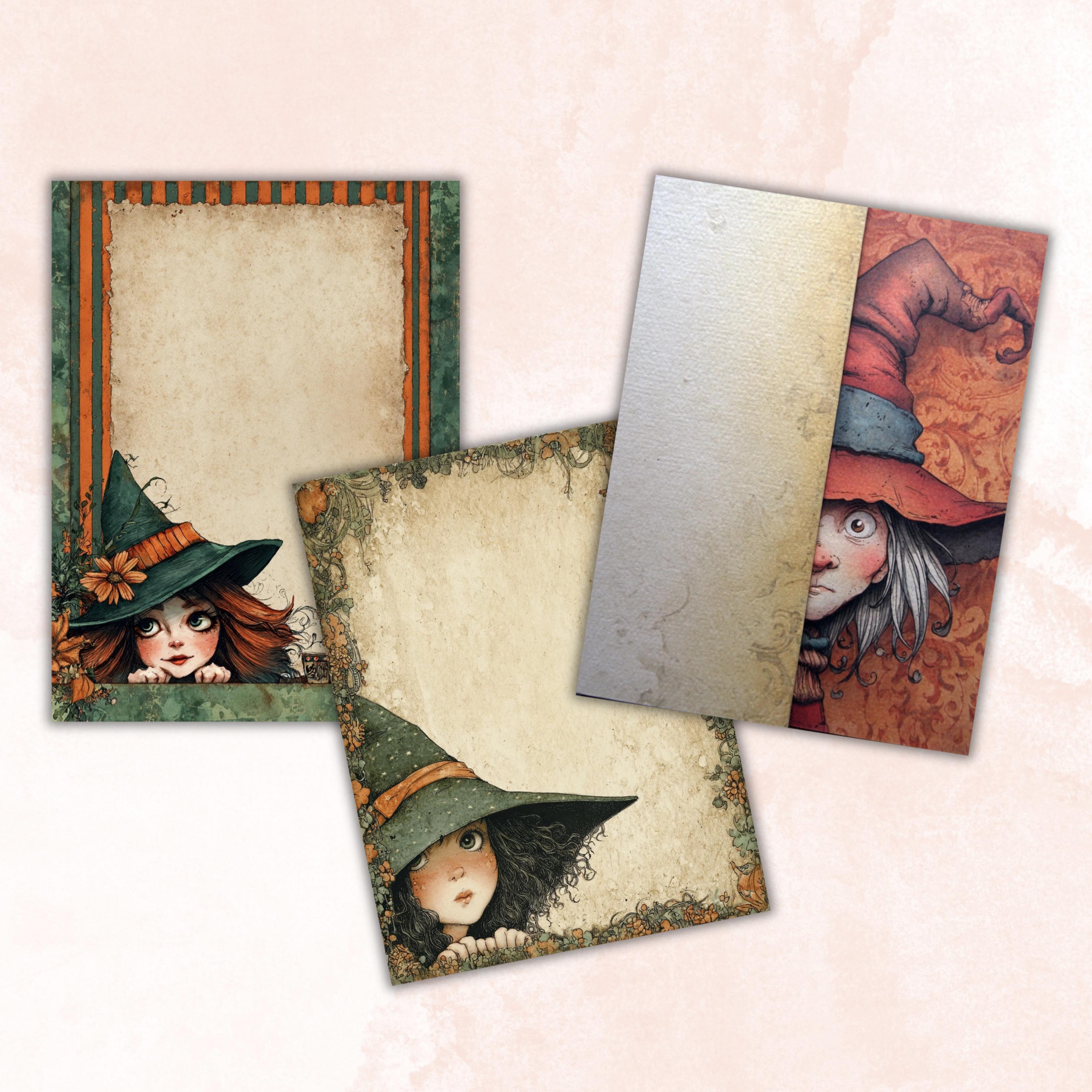 44 Witch Peeking Border Lined Pages Printable, Letter Size Cute Witch Writing Paper Halloween Stationery Commercial Use