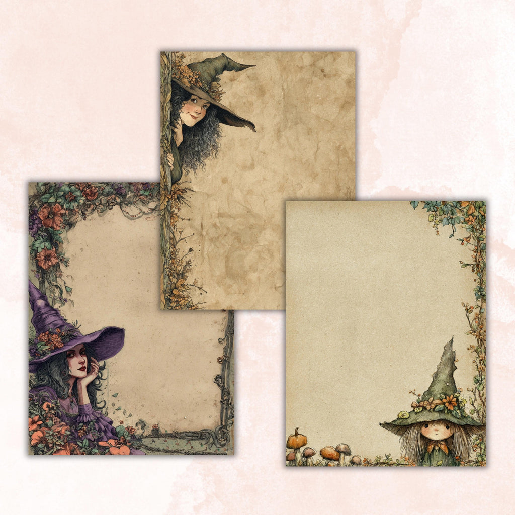 44 Witch Peeking Border Lined Pages Printable, Letter Size Cute Witch Writing Paper Halloween Stationery Commercial Use