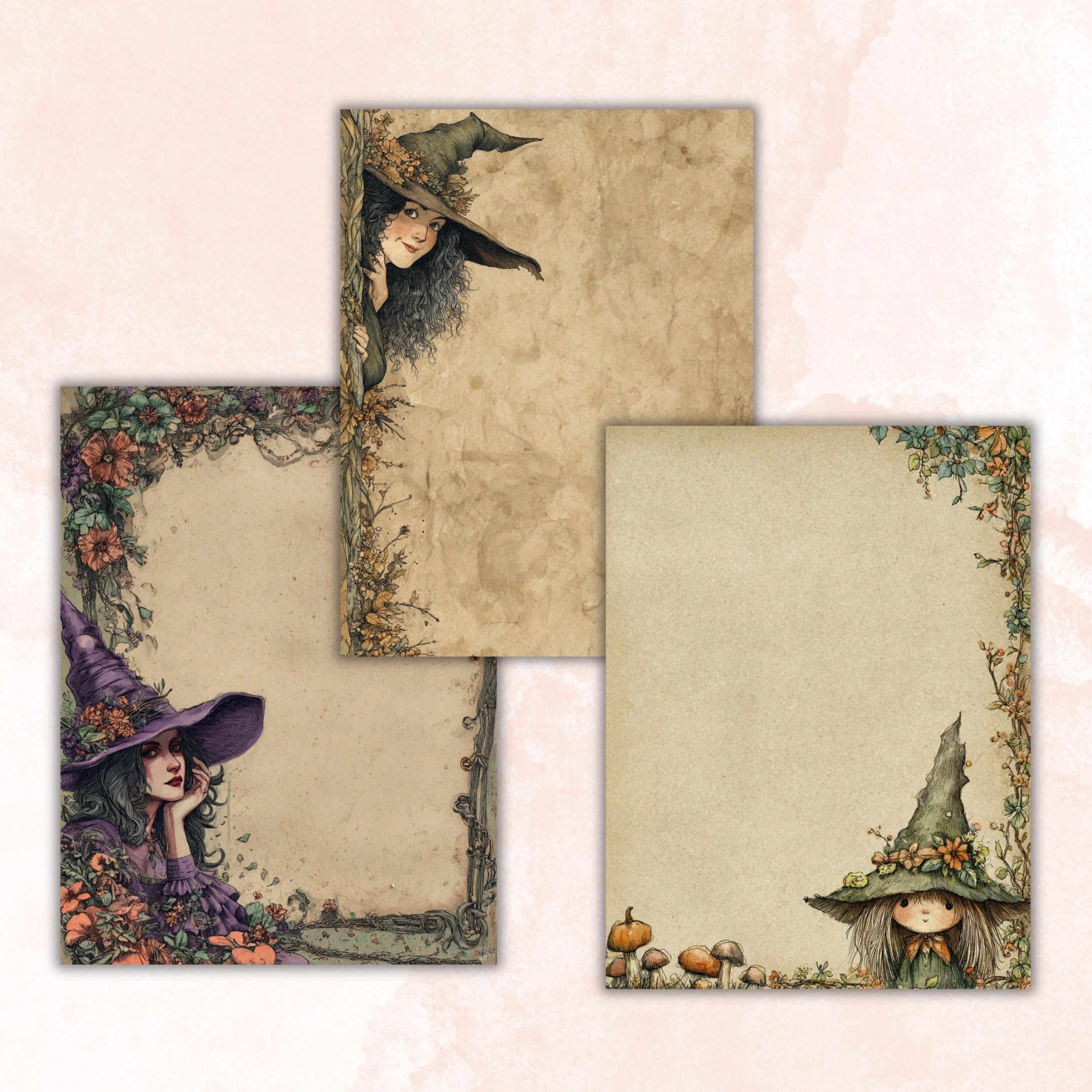 44 Witch Peeking Border Lined Pages Printable, Letter Size Cute Witch Writing Paper Halloween Stationery Commercial Use