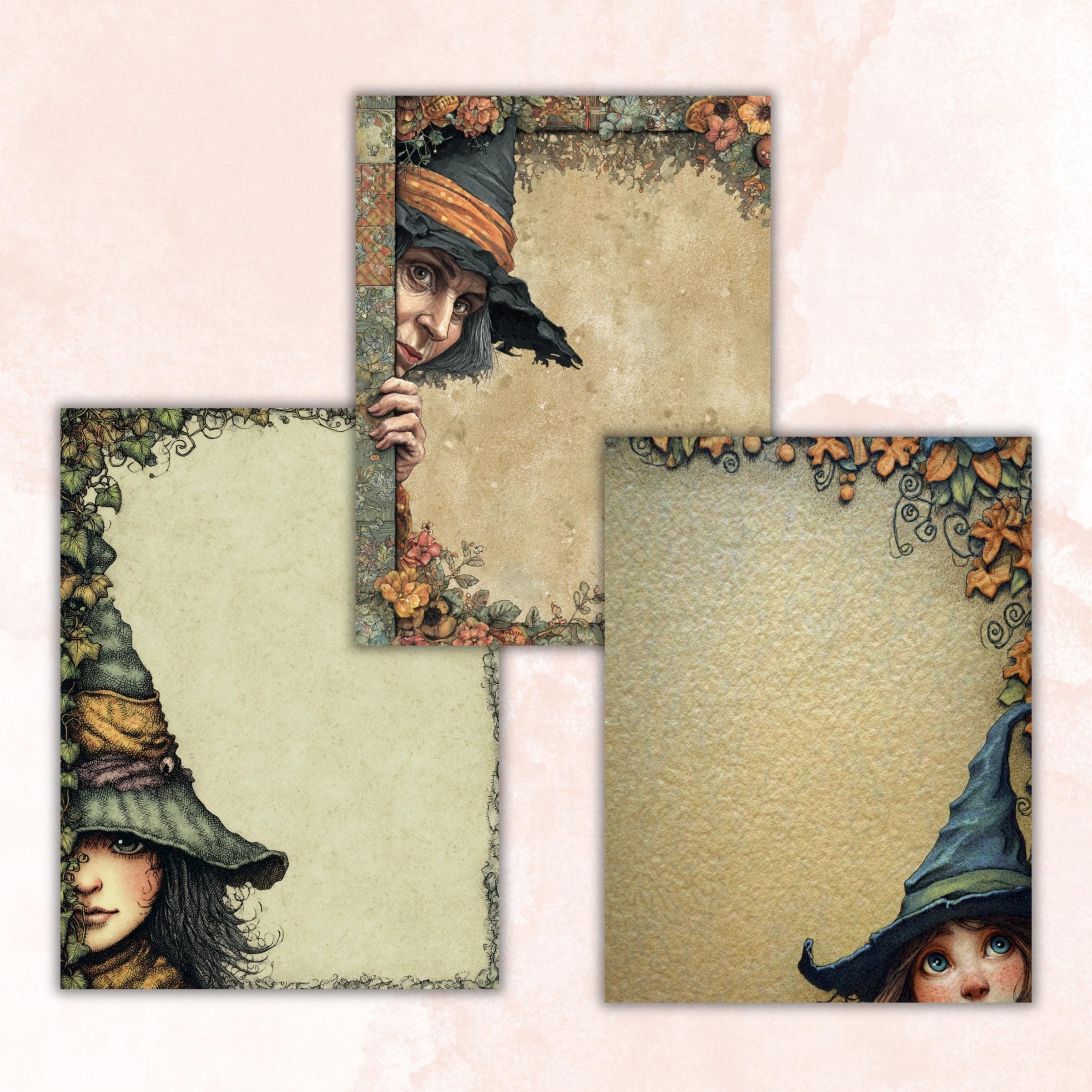 44 Witch Peeking Border Lined Pages Printable, Letter Size Cute Witch Writing Paper Halloween Stationery Commercial Use