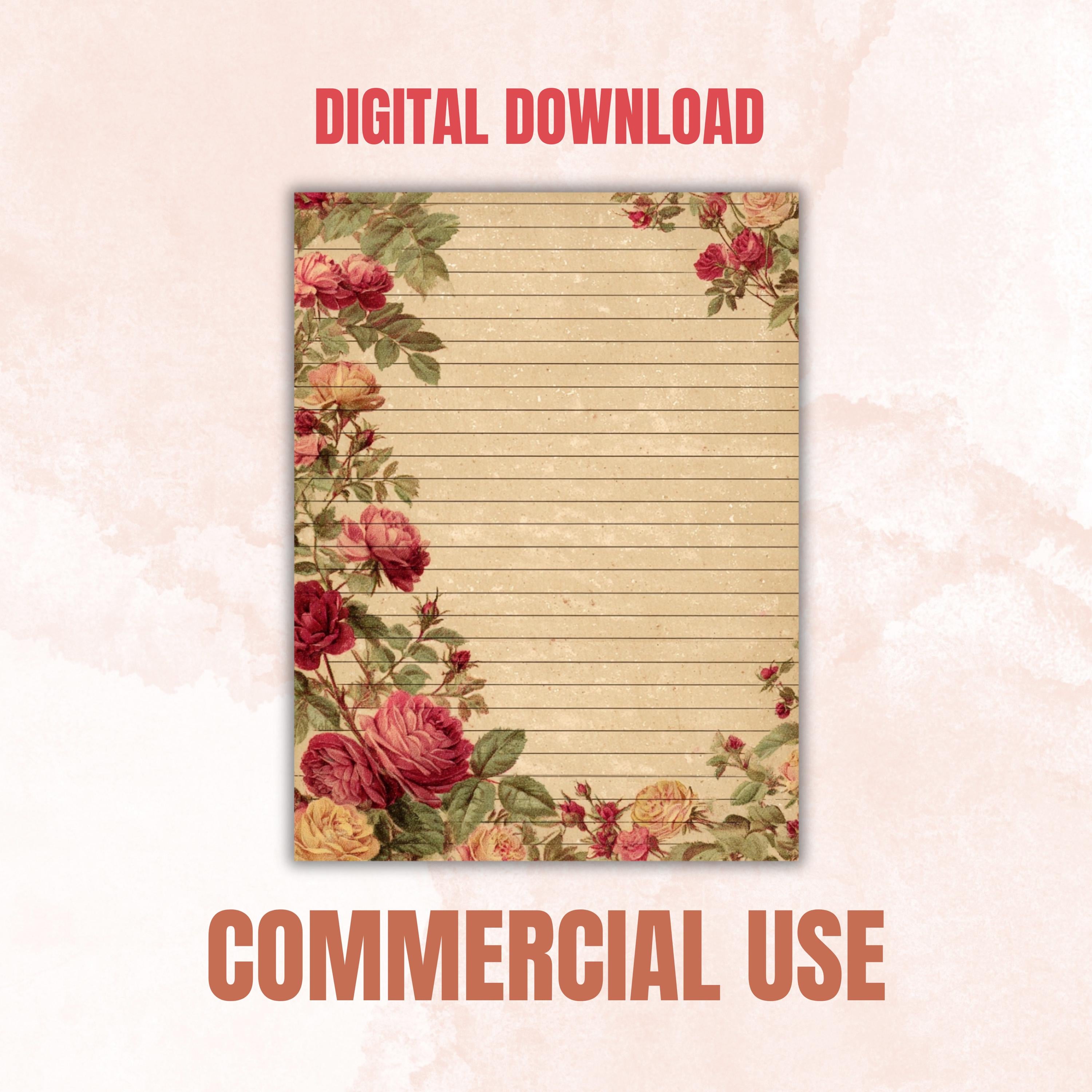 47 Shabby Chic Floral Border Lined Pages Printable, Letter Size Vintage Flower Writing Paper Stationery Commercial Use