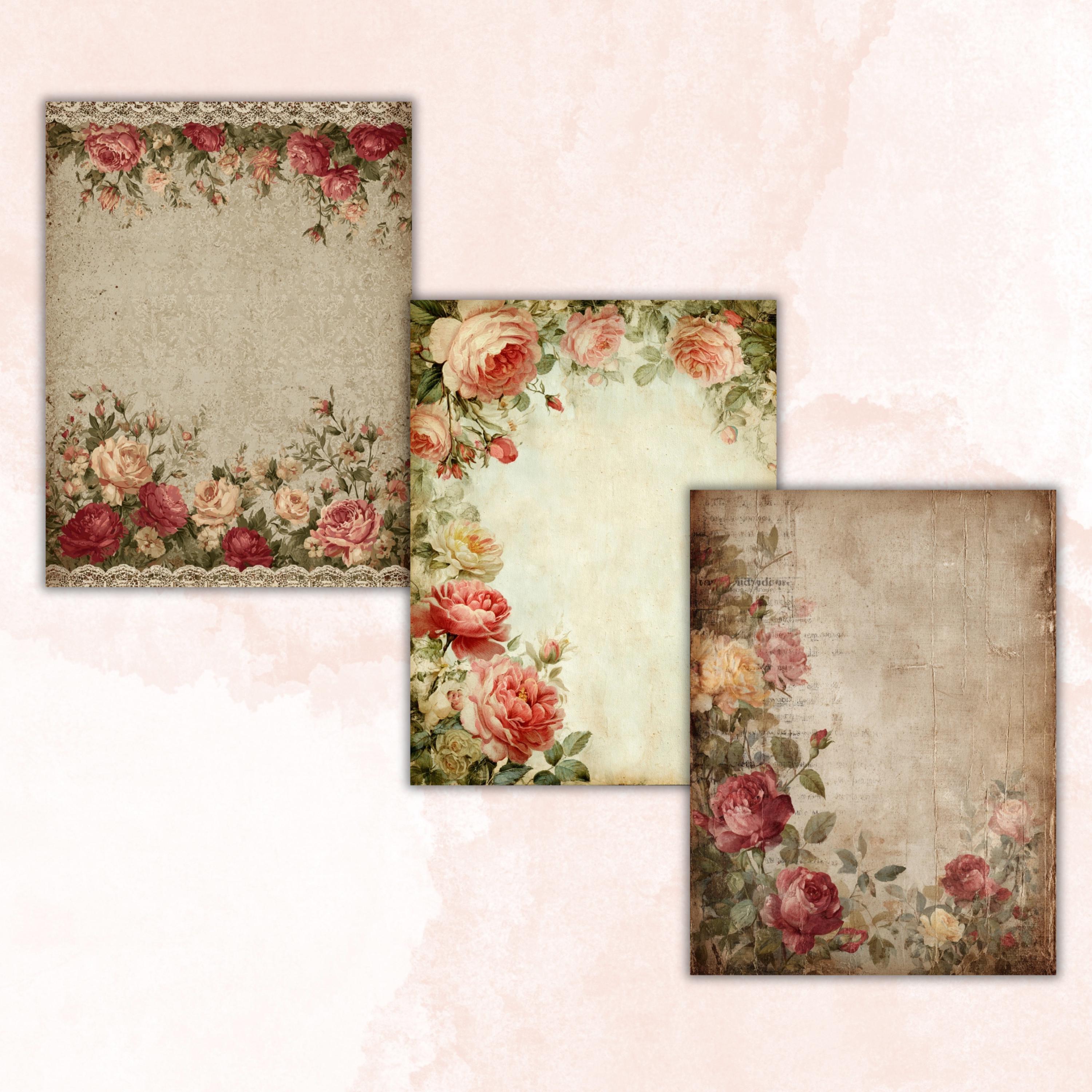 47 Shabby Chic Floral Border Lined Pages Printable, Letter Size Vintage Flower Writing Paper Stationery Commercial Use