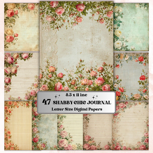 47 Shabby Chic Floral Border Lined Pages Printable, Letter Size Vintage Flower Writing Paper Stationery Commercial Use