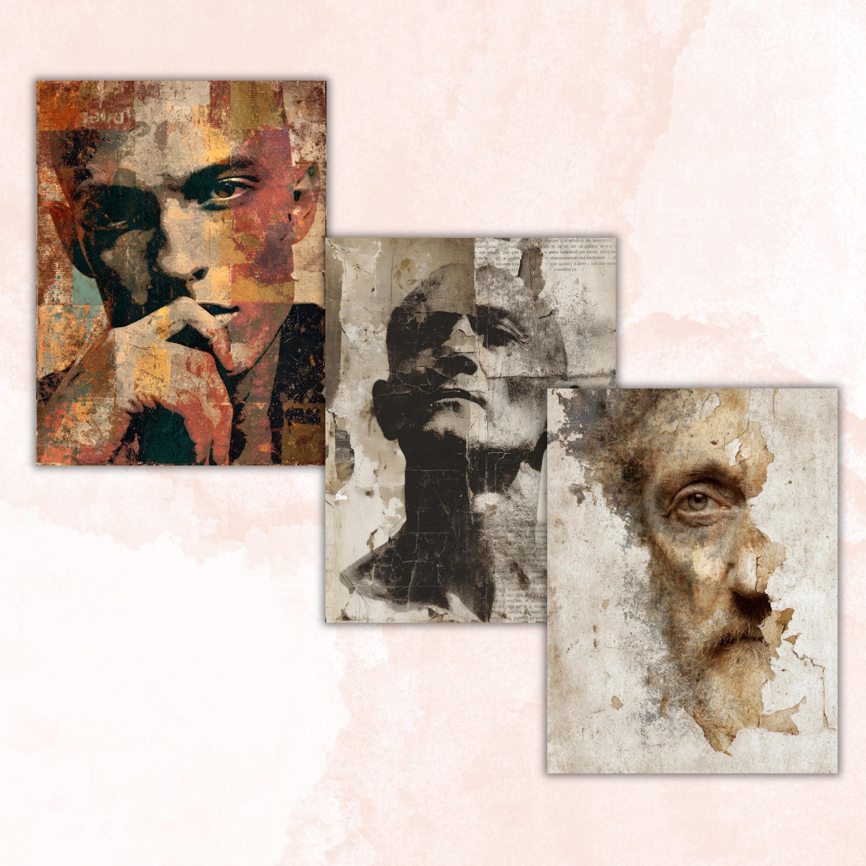 Grunge Man Pages, Masculine Portrait Collage Backgrounds, Vintage Male Junk Journal Paper, Mixed Media Printable, Letter Size