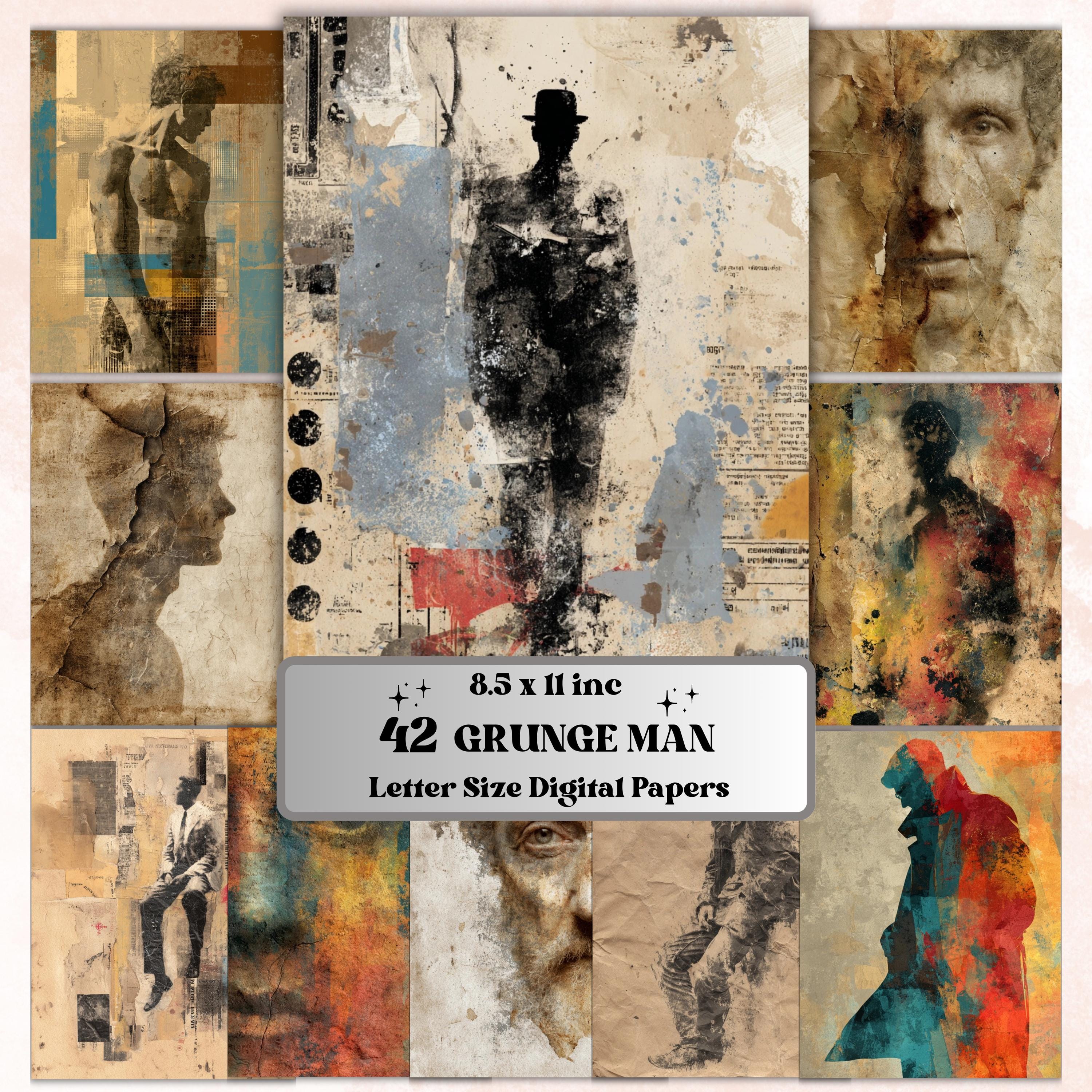 Grunge Man Pages, Masculine Portrait Collage Backgrounds, Vintage Male Junk Journal Paper, Mixed Media Printable, Letter Size