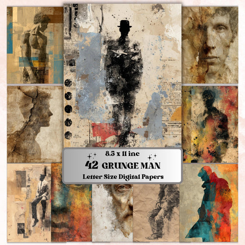 Grunge Man Pages, Masculine Portrait Collage Backgrounds, Vintage Male Junk Journal Paper, Mixed Media Printable, Letter Size