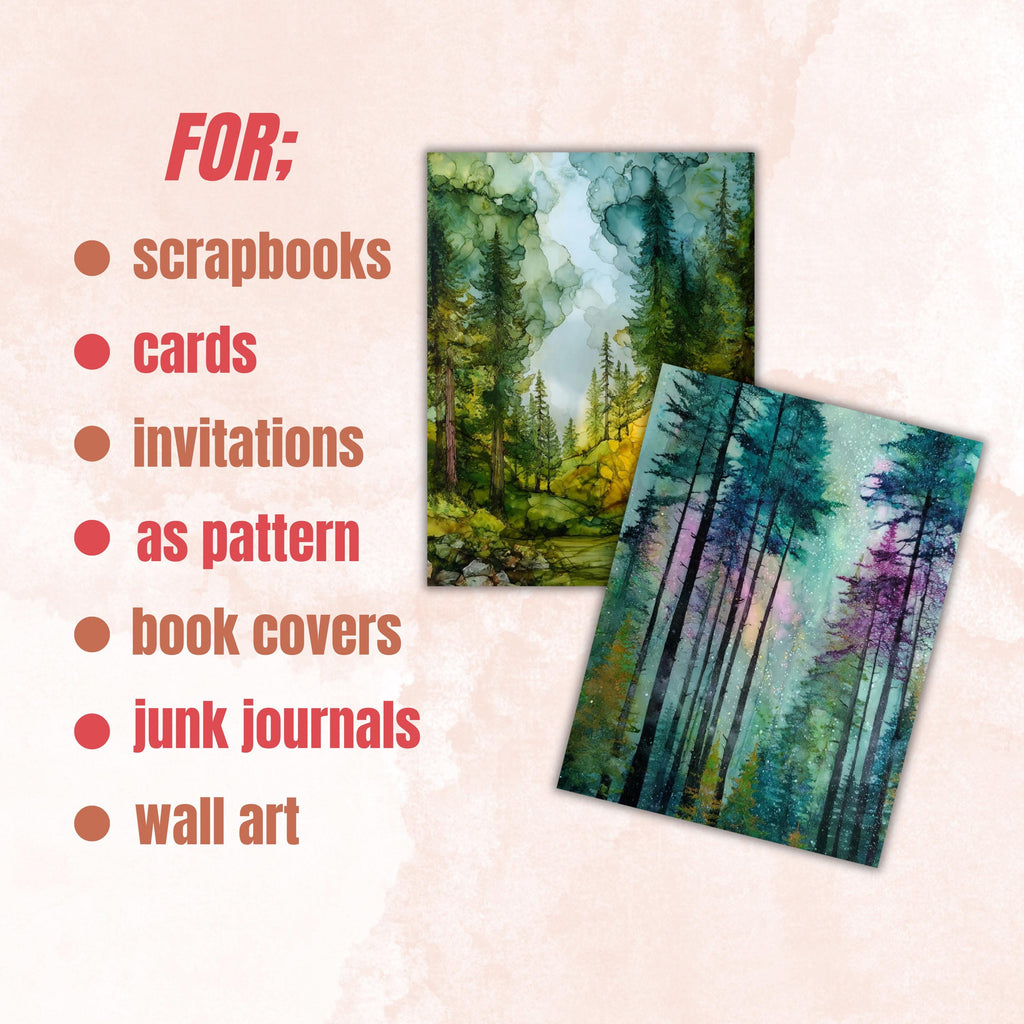 Alcohol Ink Forest Pages, Abstract Woodland Backgrounds, Nature Fluid Art Junk Journal Paper, Green Aesthetic Printable, Letter Size
