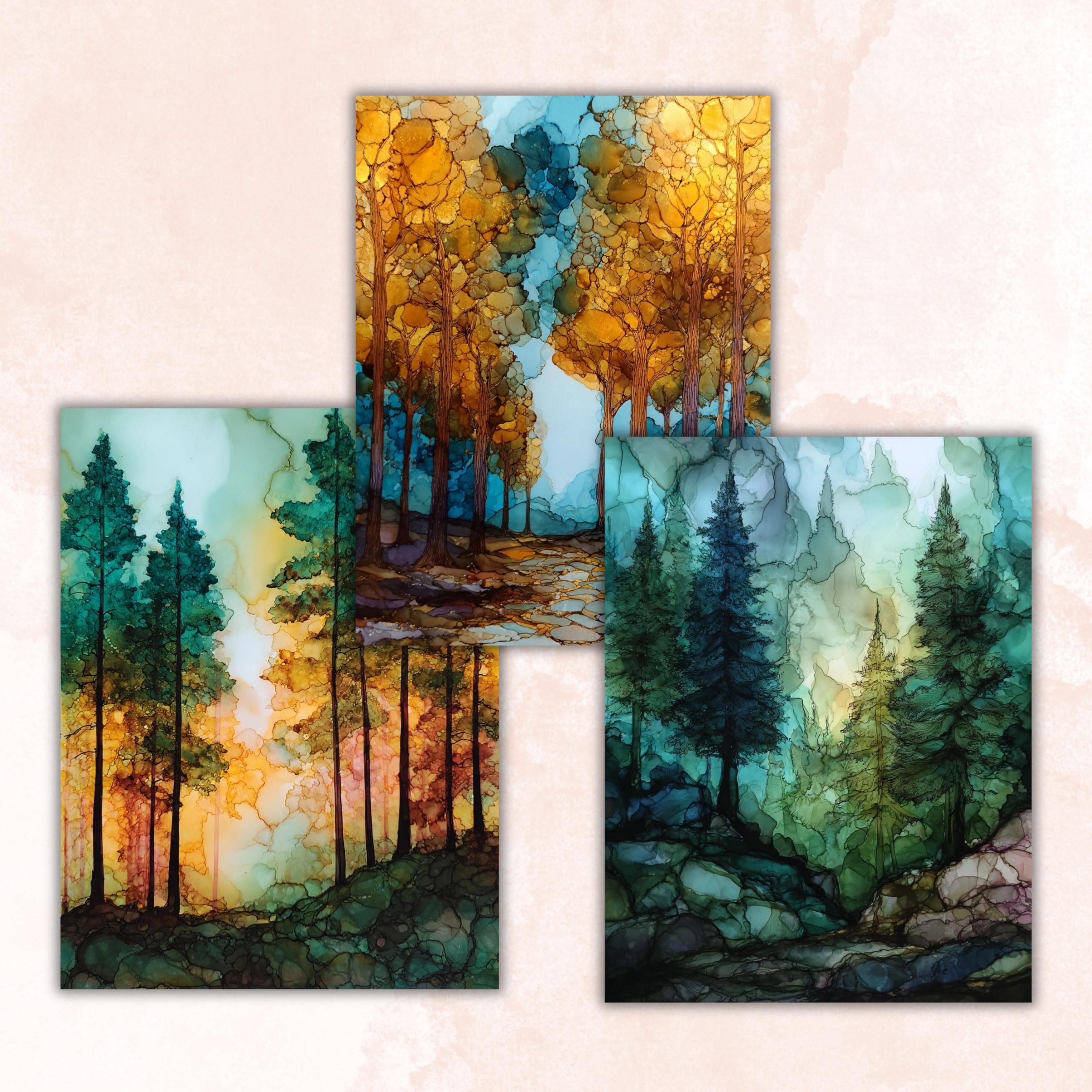 Alcohol Ink Forest Pages, Abstract Woodland Backgrounds, Nature Fluid Art Junk Journal Paper, Green Aesthetic Printable, Letter Size