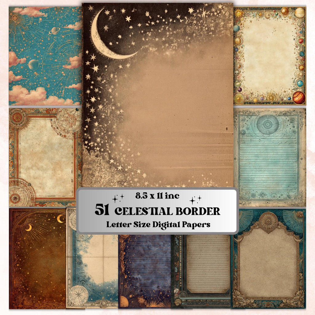 Celestial Borders Lined Pages, Moon Star Writing Paper, Astrology Journal Pages, Cosmic Stationery Printable, Letter Size