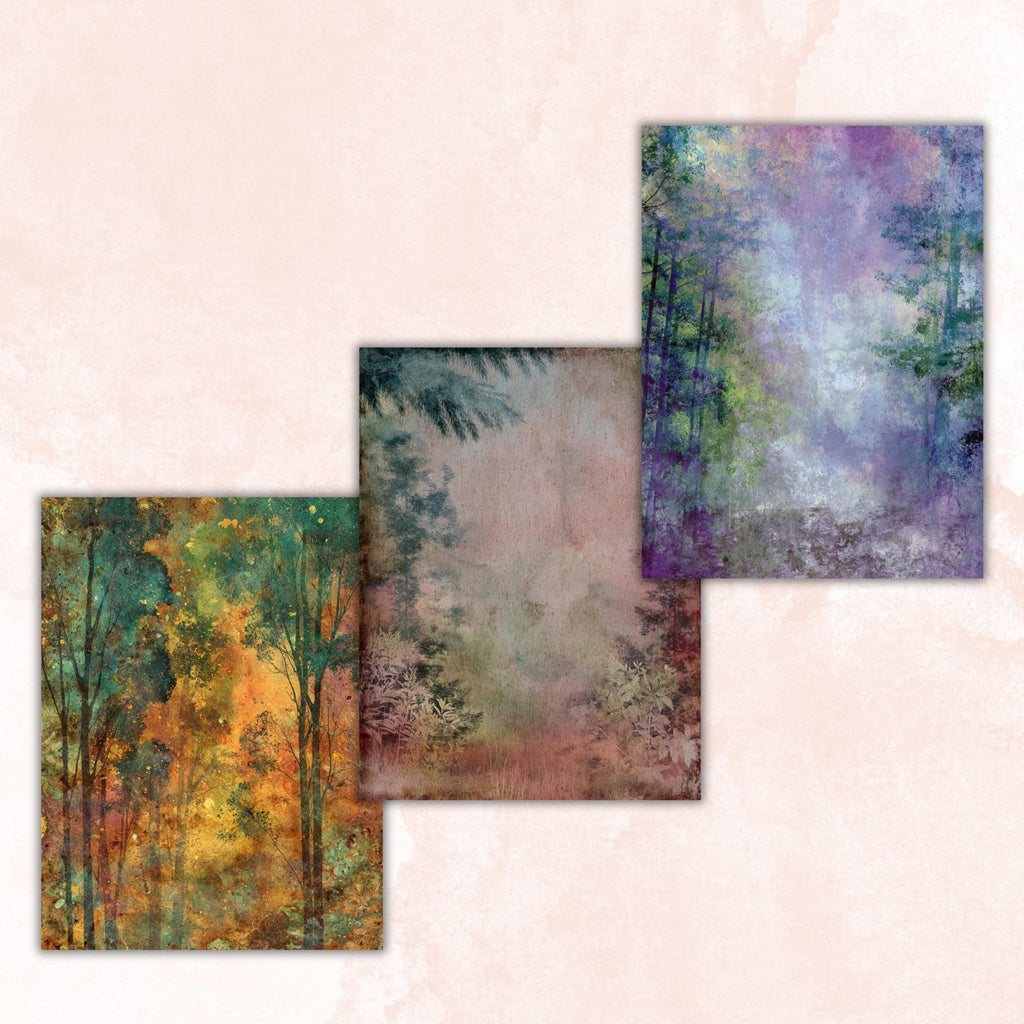 Abstract Grunge Forest Pages, Woodland Junk Journal Backgrounds, Forest Texture Collage Paper, Printable Letter Size Journal Pages