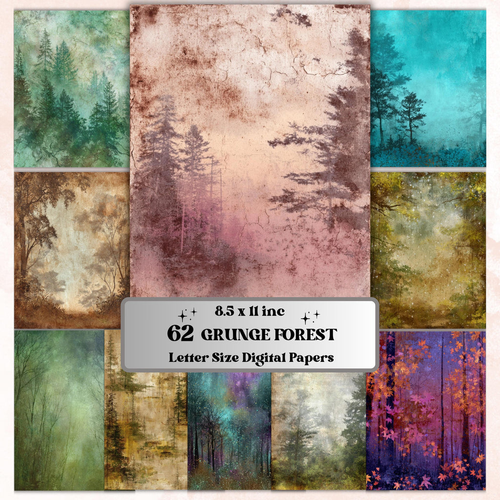 Abstract Grunge Forest Pages, Woodland Junk Journal Backgrounds, Forest Texture Collage Paper, Printable Letter Size Journal Pages