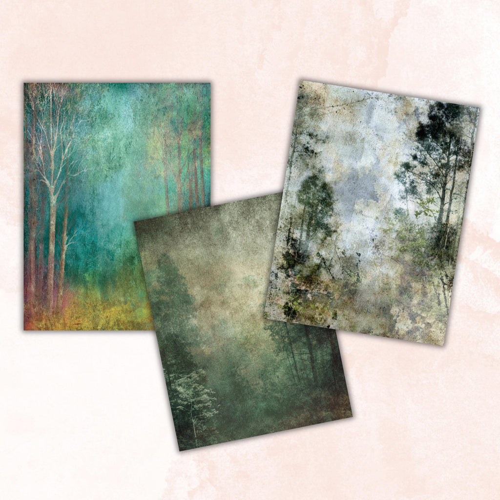 Abstract Grunge Forest Pages, Woodland Junk Journal Backgrounds, Forest Texture Collage Paper, Printable Letter Size Journal Pages