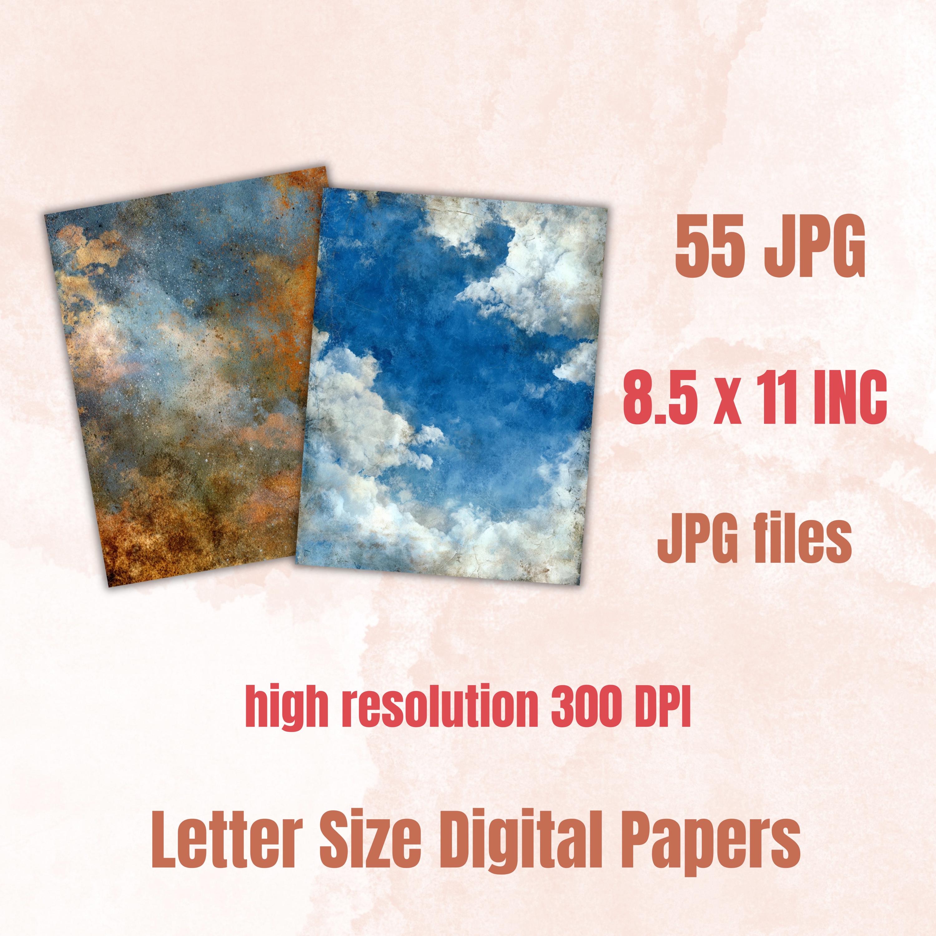 Abstract Grunge Sky Pages, Cloud Texture Backgrounds, Junk Journal Sky Paper, Atmospheric Collage Pages, Printable Letter Size