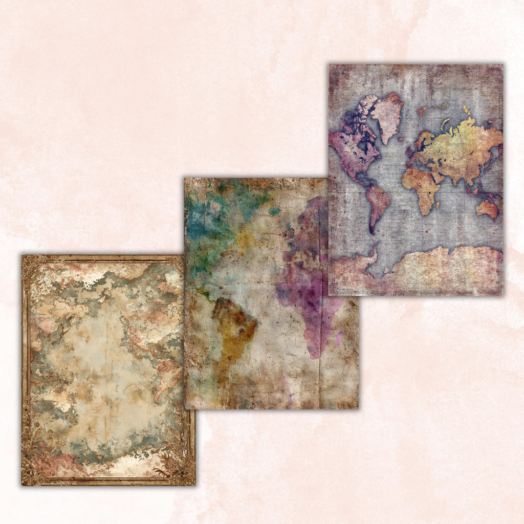 Abstract Grunge Map Pages, Vintage Map Backgrounds, Travel Junk Journal Paper, Cartography Collage Pages, Letter Size Printable