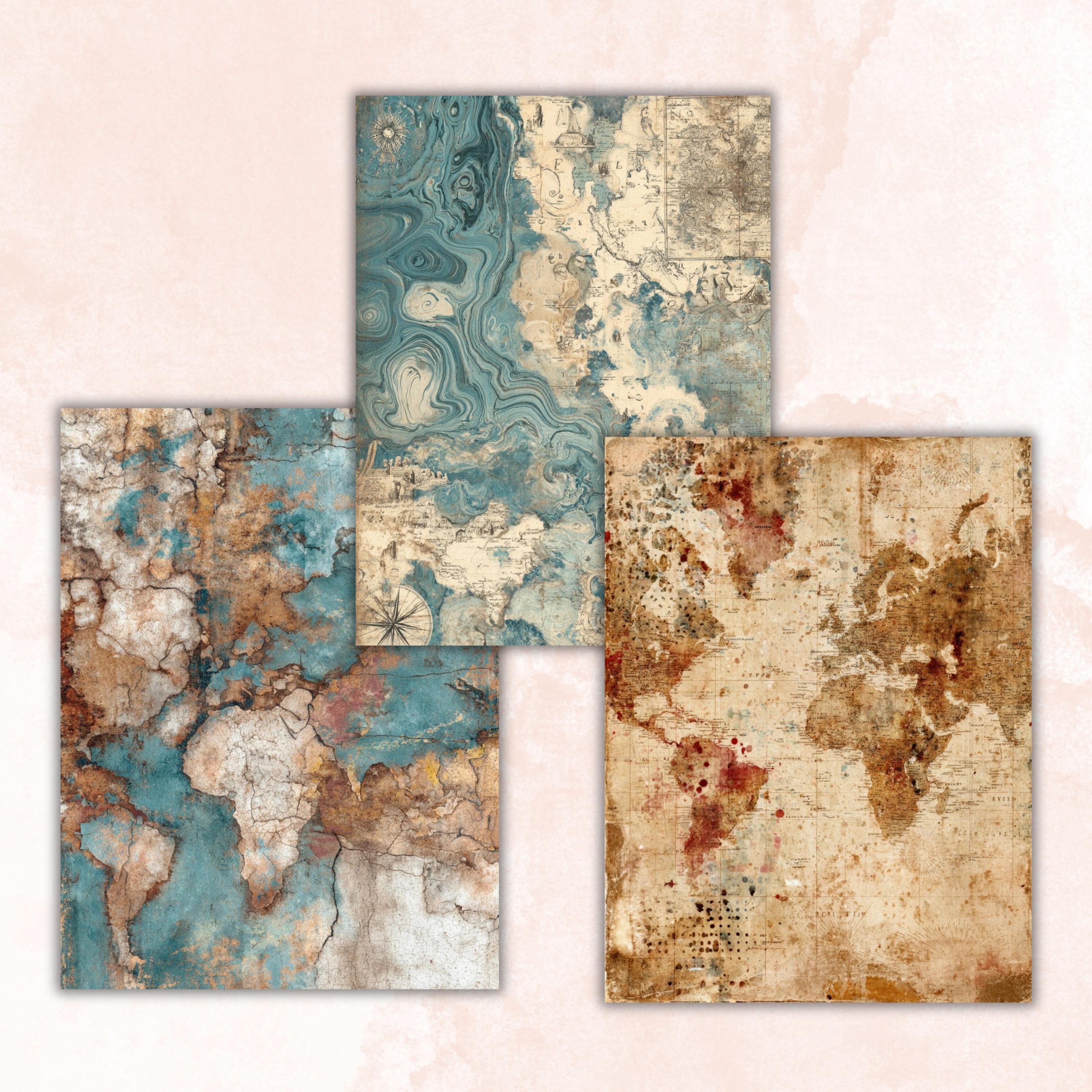Abstract Grunge Map Pages, Vintage Map Backgrounds, Travel Junk Journal Paper, Cartography Collage Pages, Letter Size Printable