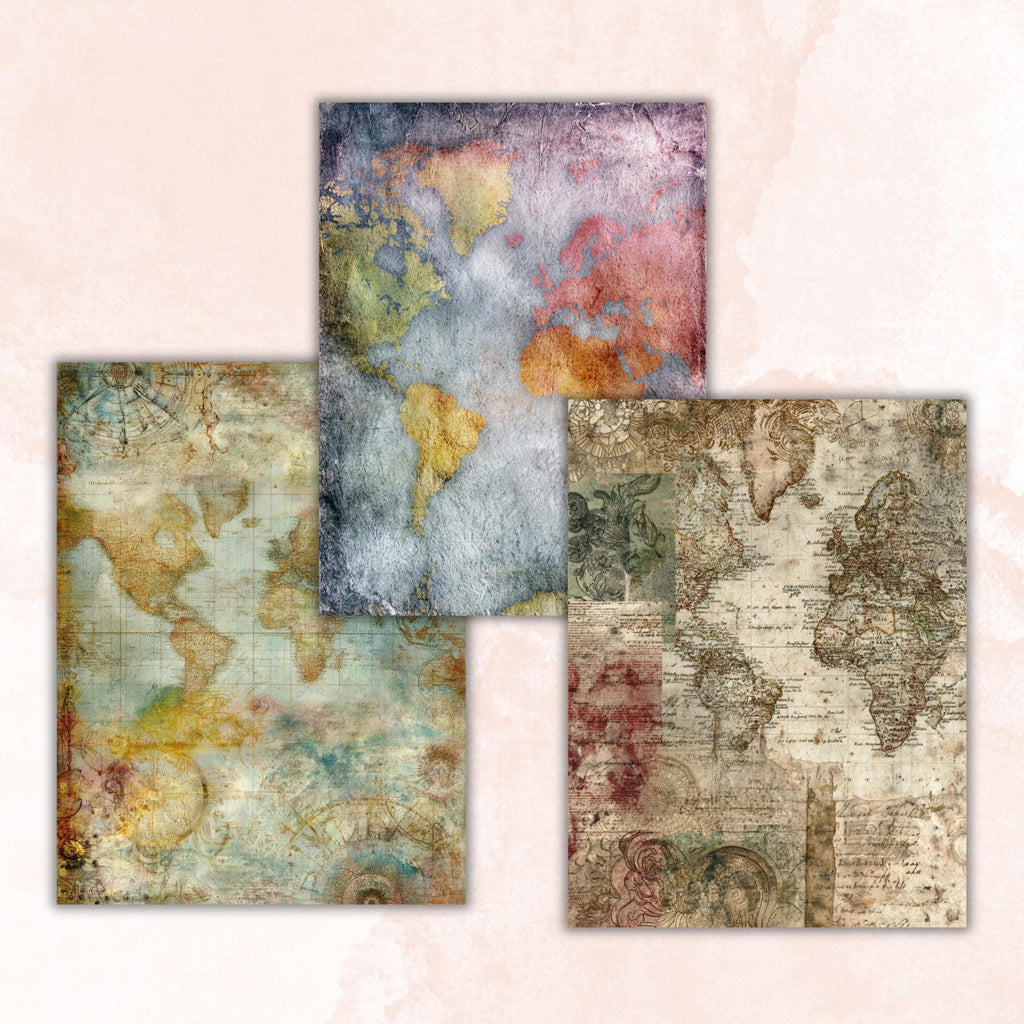 Abstract Grunge Map Pages, Vintage Map Backgrounds, Travel Junk Journal Paper, Cartography Collage Pages, Letter Size Printable
