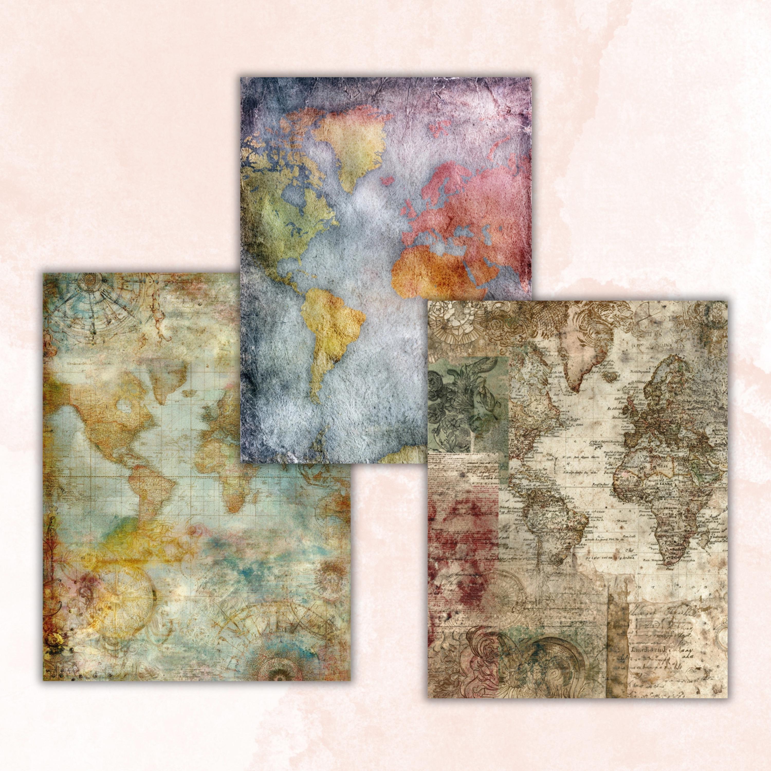 Abstract Grunge Map Pages, Vintage Map Backgrounds, Travel Junk Journal Paper, Cartography Collage Pages, Letter Size Printable