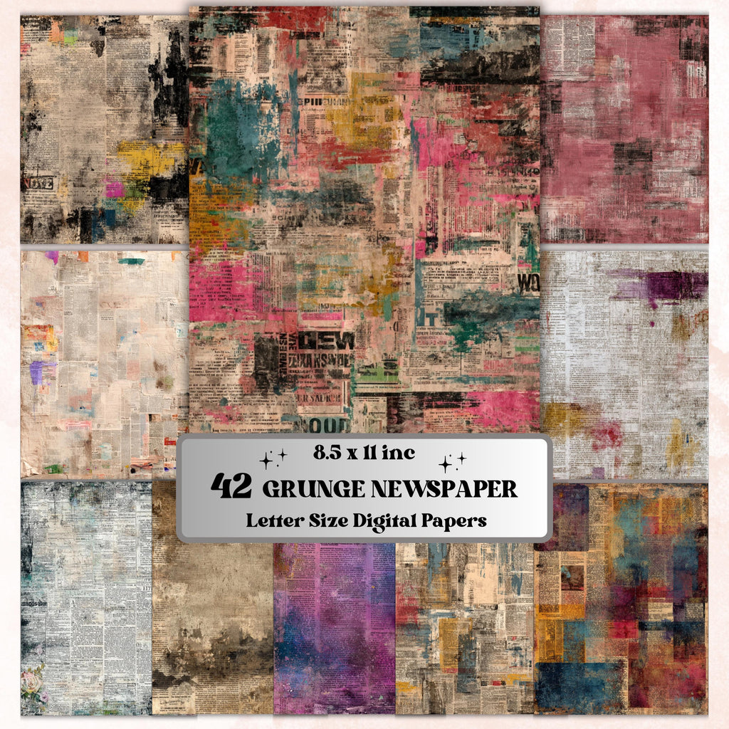 Abstract Grunge Newspaper Pages, Vintage Newsprint Backgrounds, Junk Journal Ephemera Paper, Collage Texture Pages, Letter Size Printable
