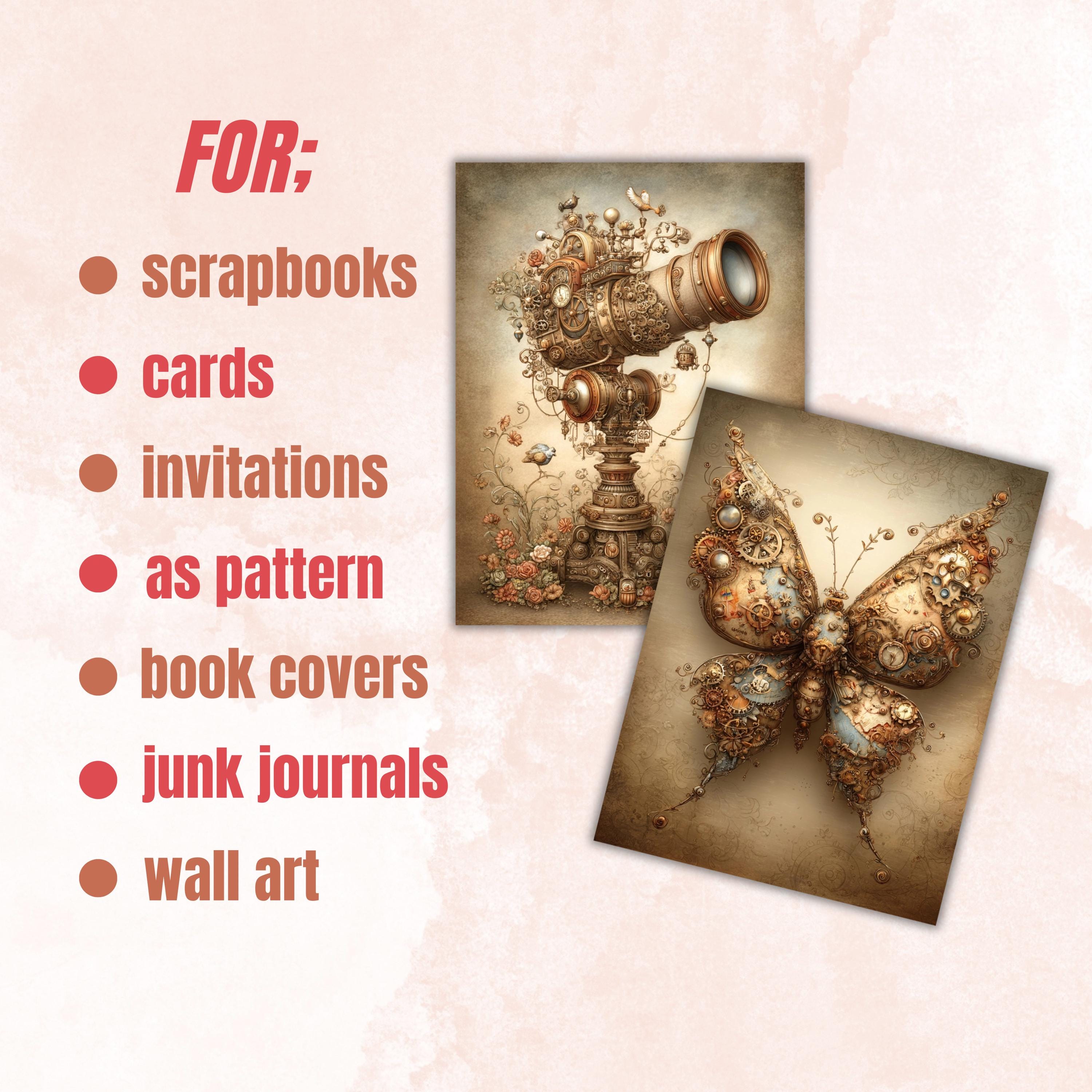 Whimsy Steampunk Pages, Vintage Industrial Collage Backgrounds (Digital Download)