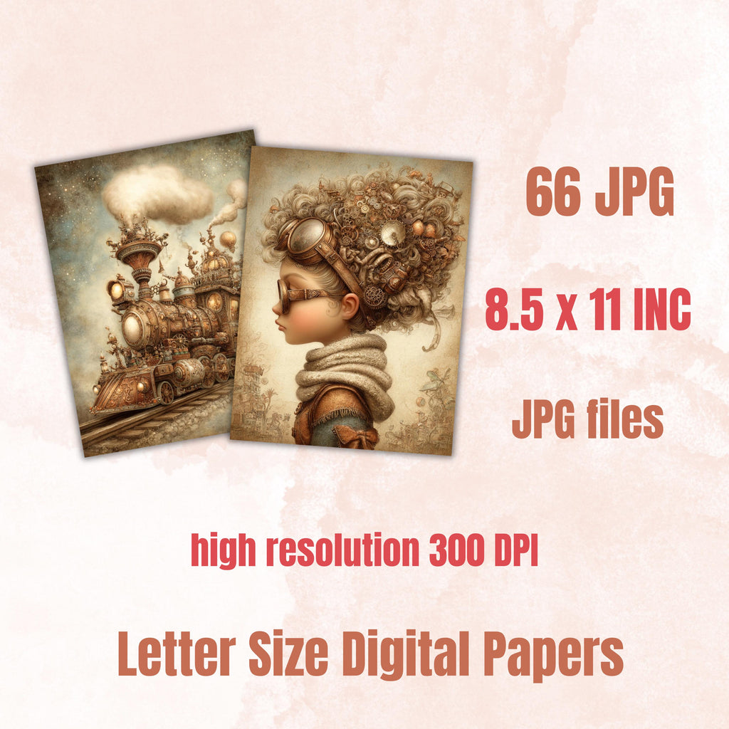 Whimsy Steampunk Pages, Vintage Industrial Collage Backgrounds (Digital Download)