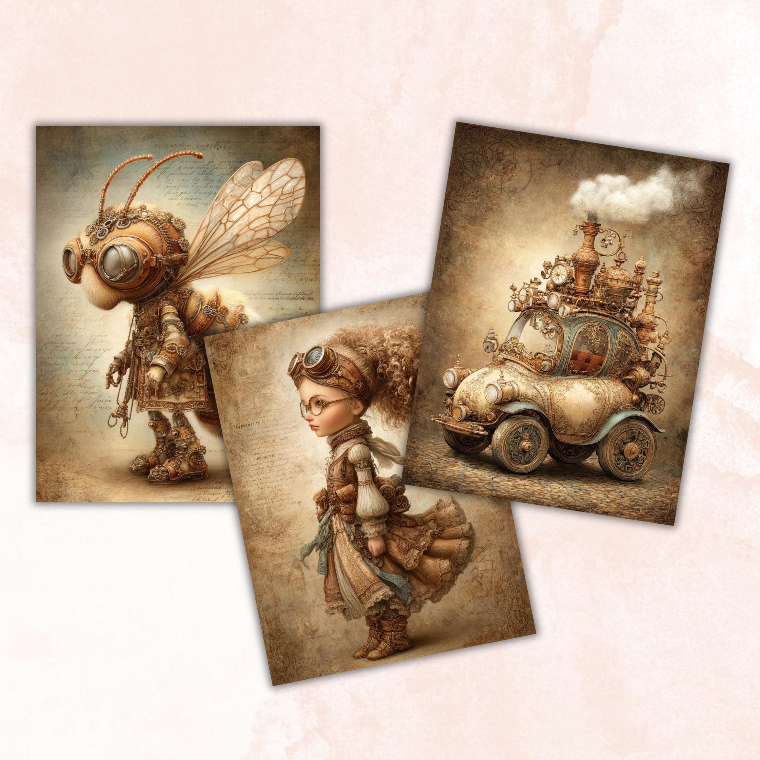 Whimsy Steampunk Pages, Vintage Industrial Collage Backgrounds (Digital Download)