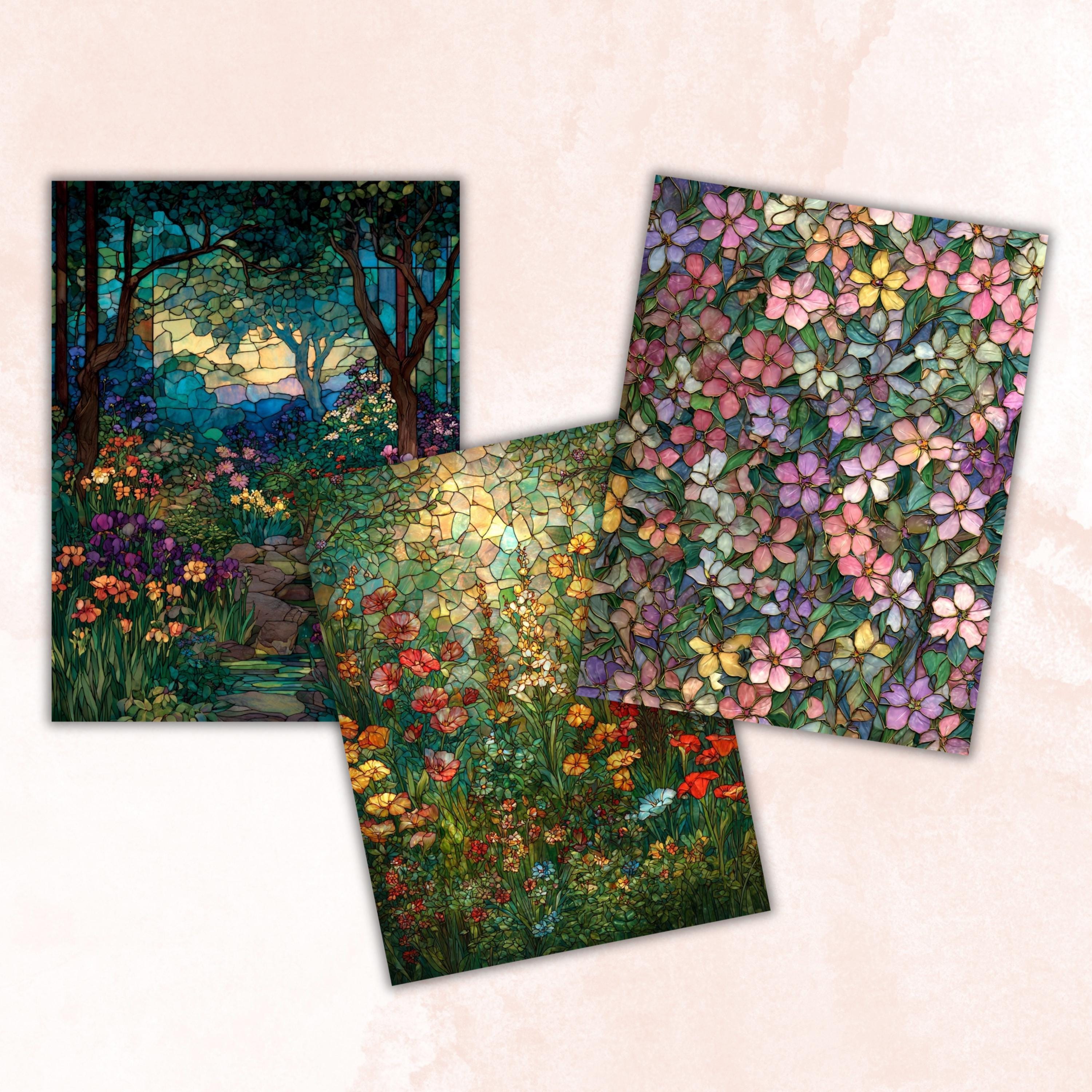 Stained Glass Garden Pages, Botanical Mosaic Backgrounds, Colorful Floral Junk Journal Paper, Vibrant Aesthetic Printable, Letter Size