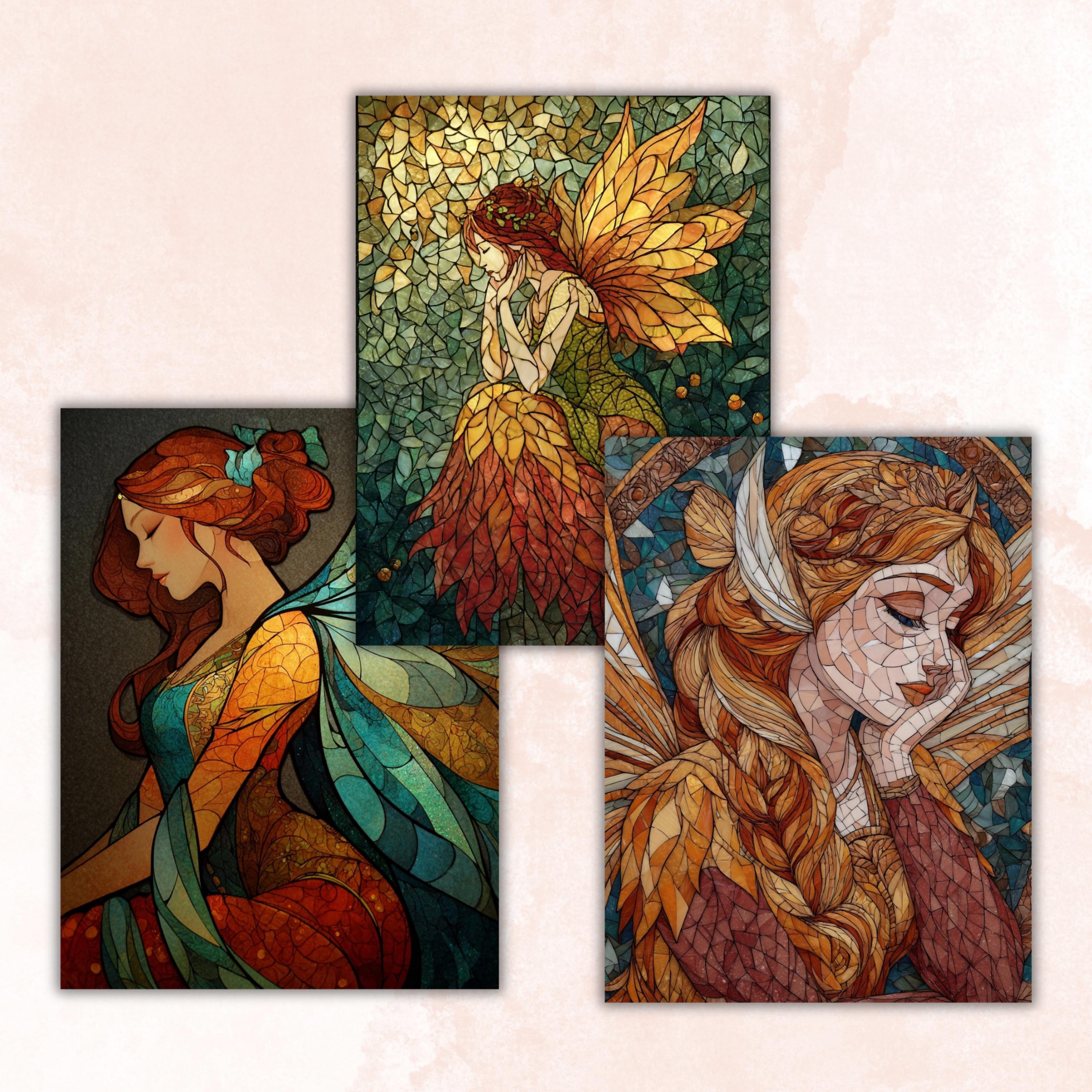 Stained Glass Fairy Pages, Fantasy Mosaic Backgrounds, Magical Fairy Junk Journal Paper, Colorful Aesthetic Printable, Letter Size