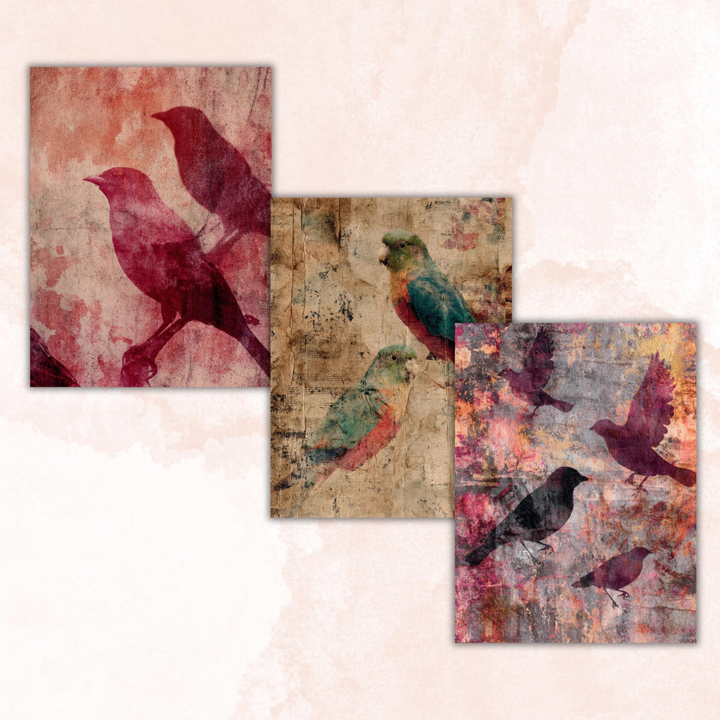 Grunge Birds Pages, Vintage Bird Collage Backgrounds, Nature Junk Journal Paper, Rustic Wildlife Printable, Letter Size