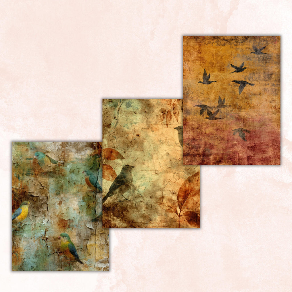 Grunge Birds Pages, Vintage Bird Collage Backgrounds, Nature Junk Journal Paper, Rustic Wildlife Printable, Letter Size