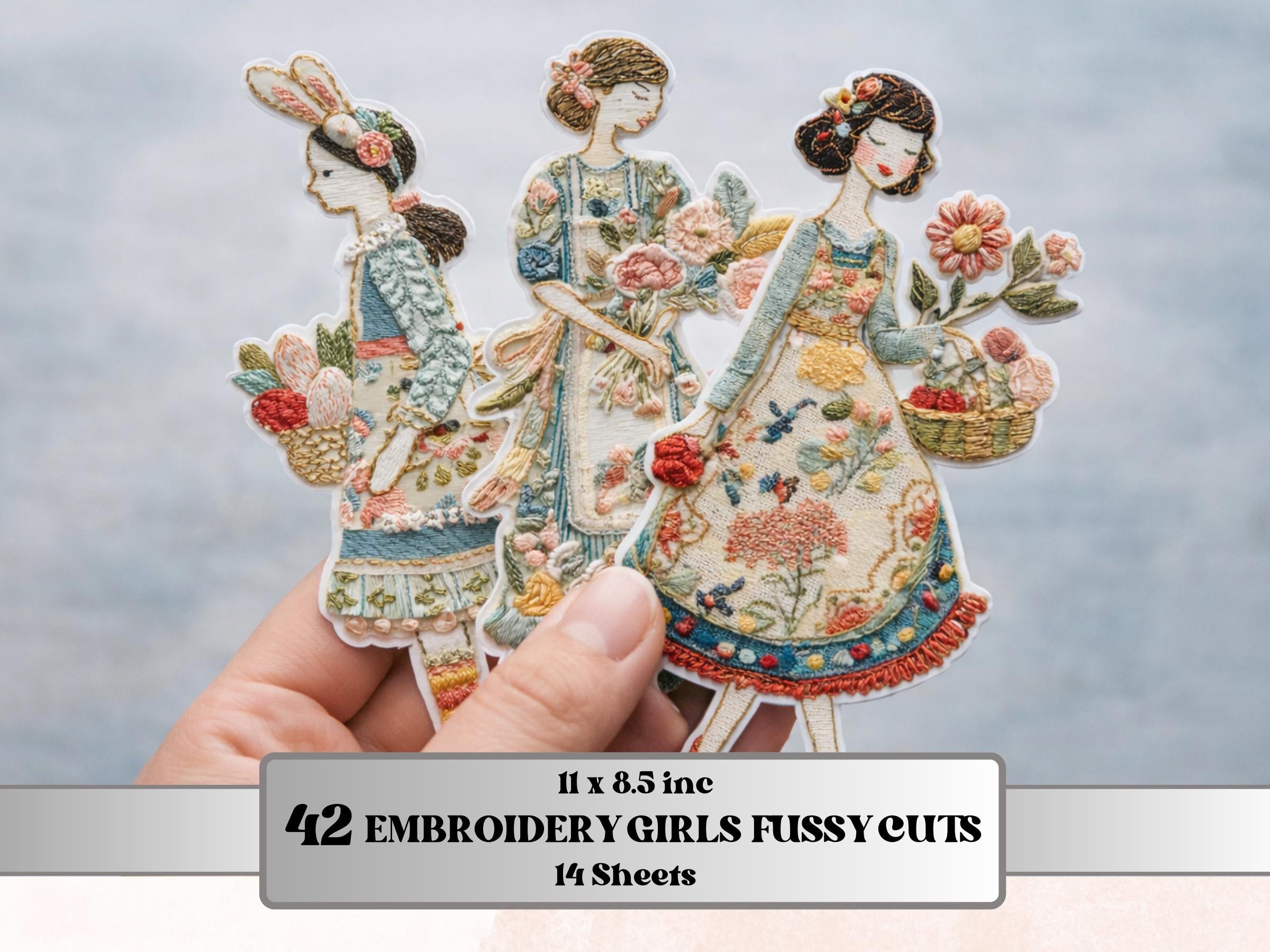 Whimsical Embroidery Spring Girl Fussy Cut Bundle, 42 Floral Girl Cutouts, Cottagecore Ephemera Junk Journal Sheets