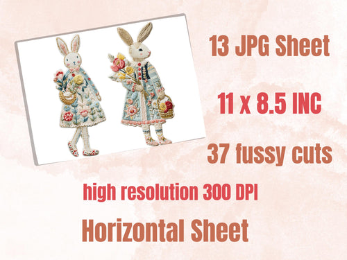Embroidery Easter Bunny Fussy Cut Bundle, 37 Pastel Rabbit Cutouts, Whimsical Spring Ephemera Junk Journal Sheets
