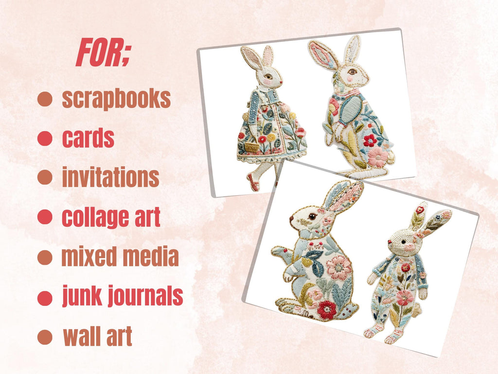 Embroidery Easter Bunny Fussy Cut Bundle, 37 Pastel Rabbit Cutouts, Whimsical Spring Ephemera Junk Journal Sheets