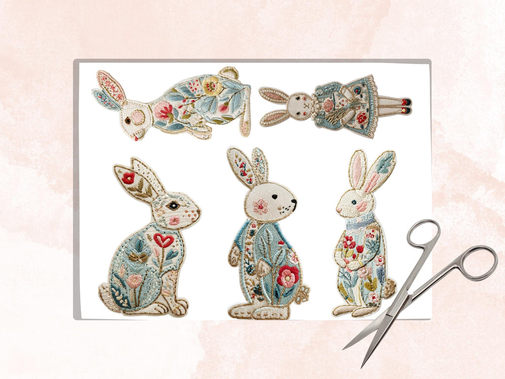 Embroidery Easter Bunny Fussy Cut Bundle, 37 Pastel Rabbit Cutouts, Whimsical Spring Ephemera Junk Journal Sheets