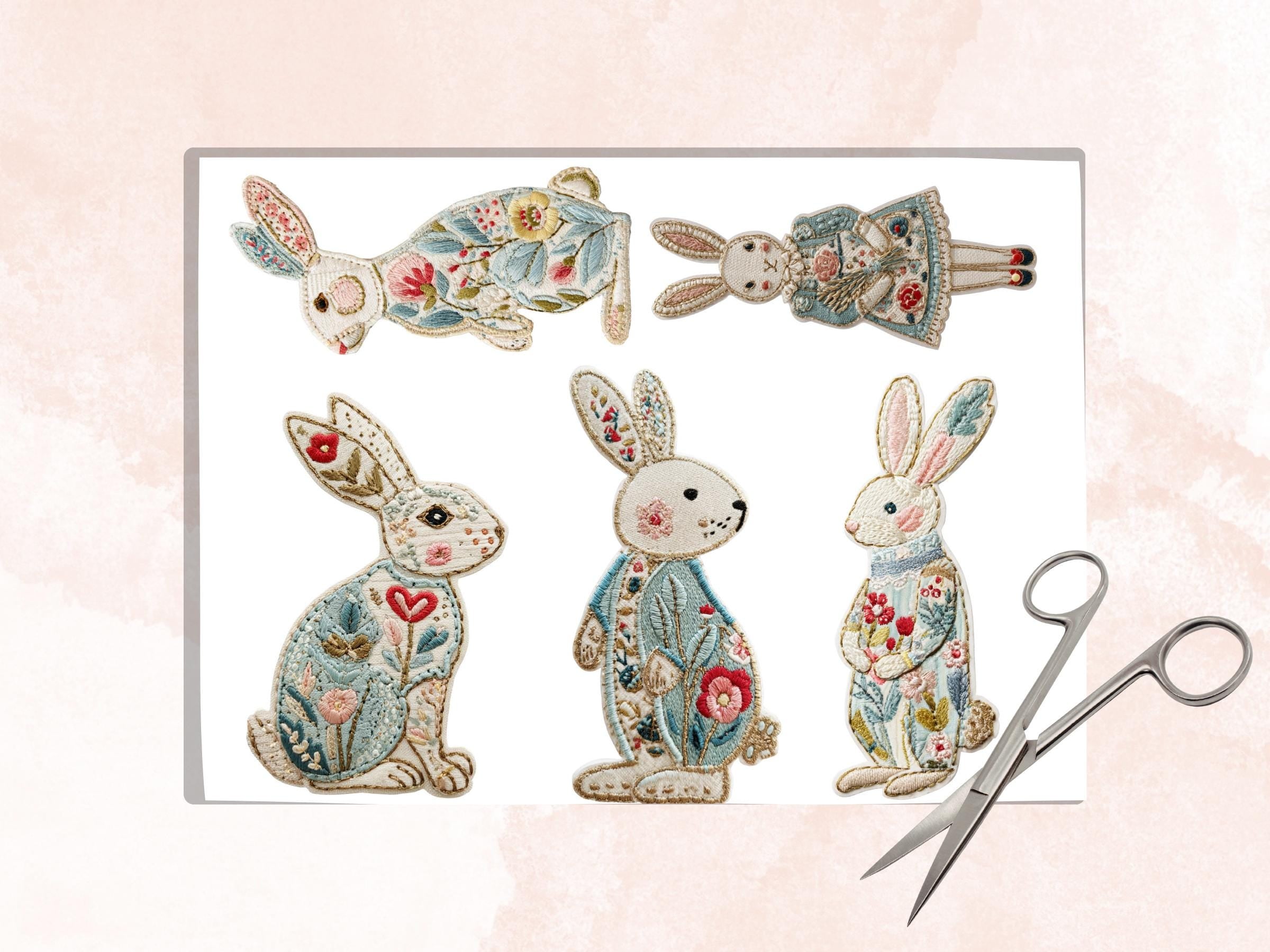 Embroidery Easter Bunny Fussy Cut Bundle, 37 Pastel Rabbit Cutouts, Whimsical Spring Ephemera Junk Journal Sheets