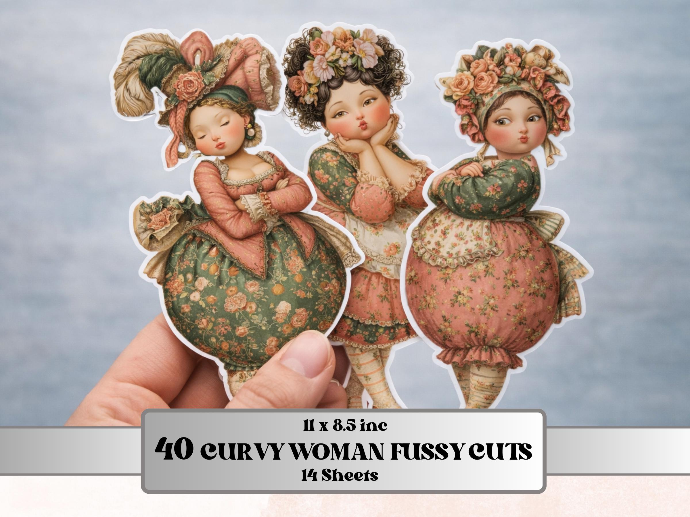 Whimsical Curvy Woman Fussy Cut Bundle, 40 Printable Paper Doll Cutouts, Quirky Junk Journal, Scrapbook Ephemera