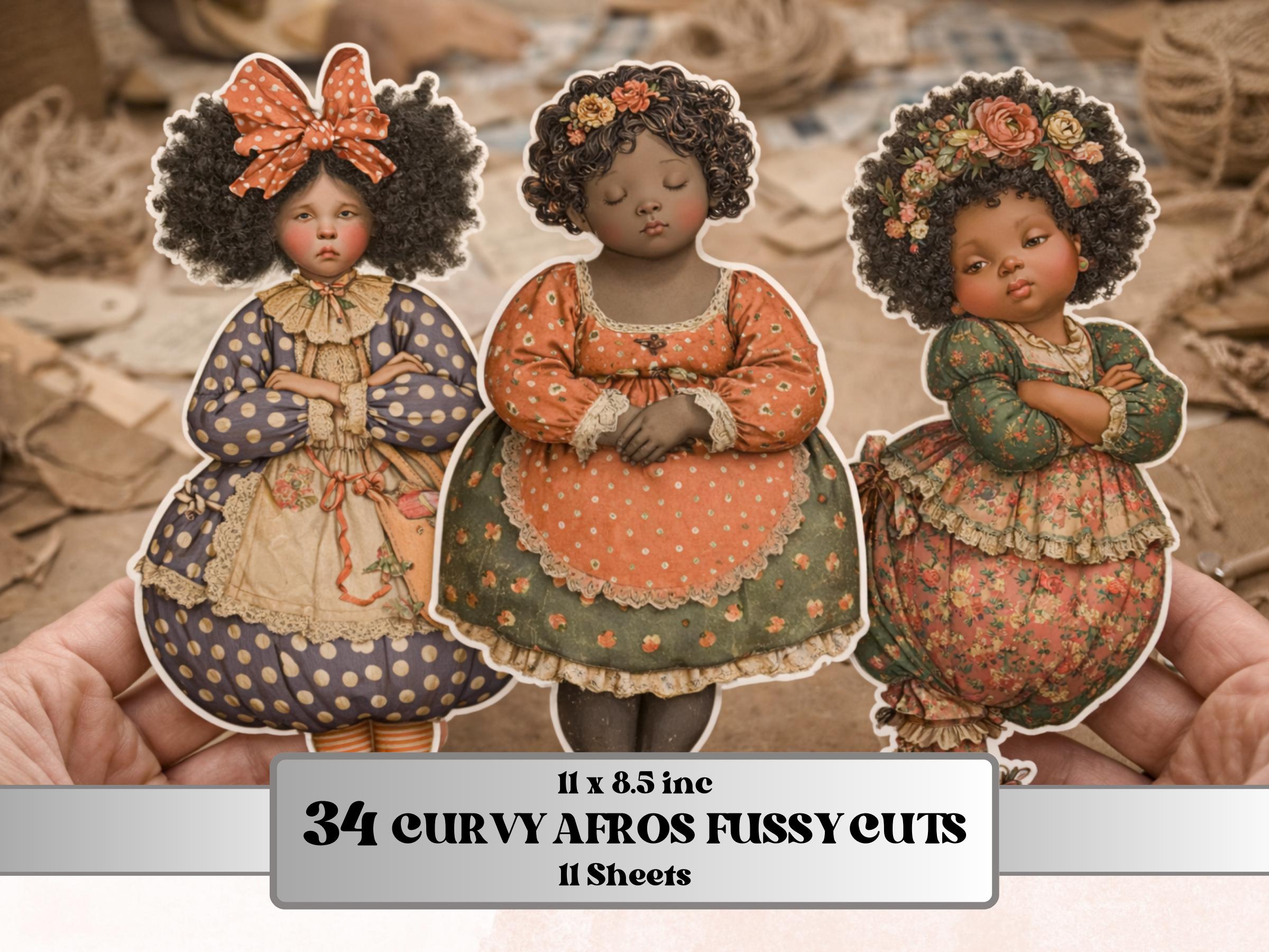 Curvy Afro Black Woman Fussy Cut Bundle, 40 Printable Paper Doll Cutouts, Quirky Junk Journal, Whimsical Scrapbook Ephemera