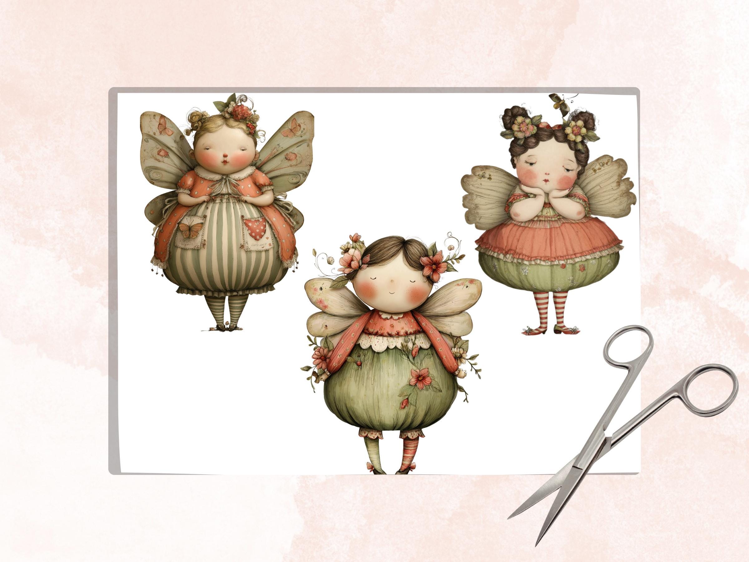 Whimsical Curvy Fairy Fussy Cut Bundle, 49 Printable Paper Doll Fairy Cutouts, Quirky Junk Journal, Scrapbook Ephemera
