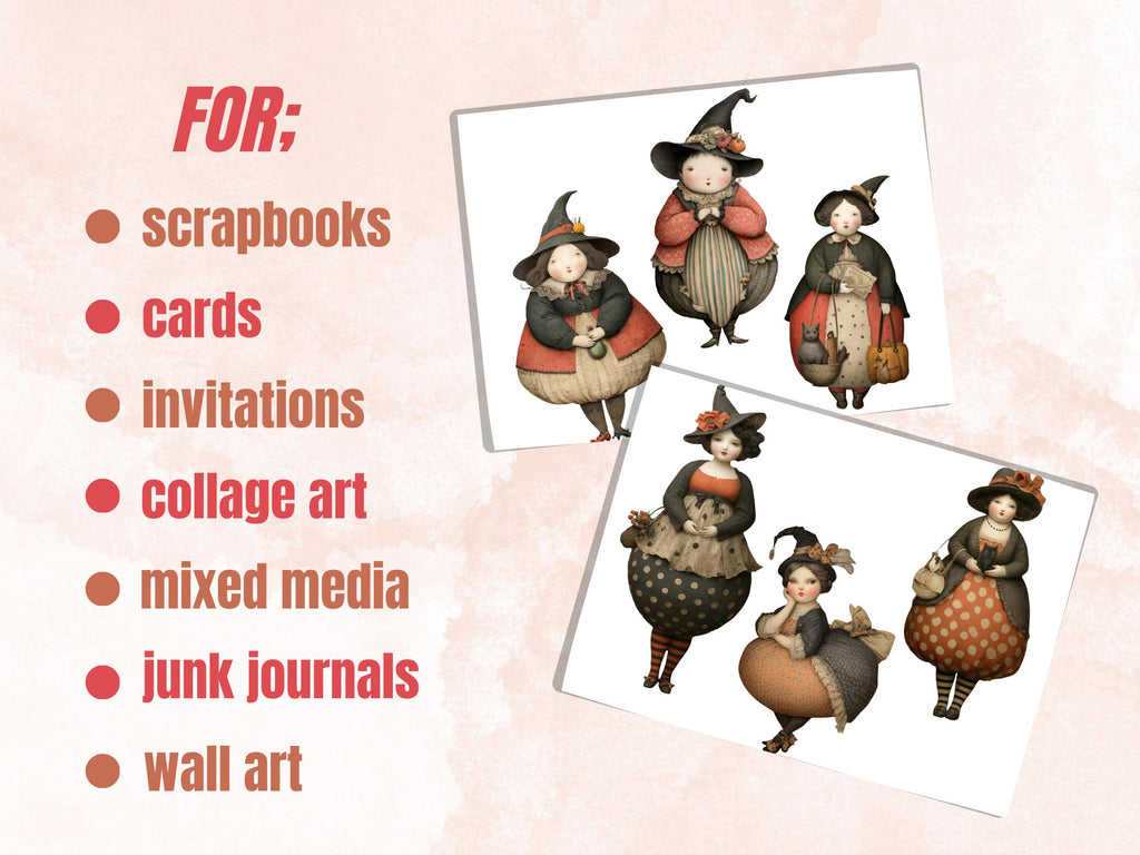 Curvy Witch Fussy Cuts, 40 Printable Paper Doll Witch Cutouts, Halloween Ephemera for Junk Journal, Whimsical Scrapbooking