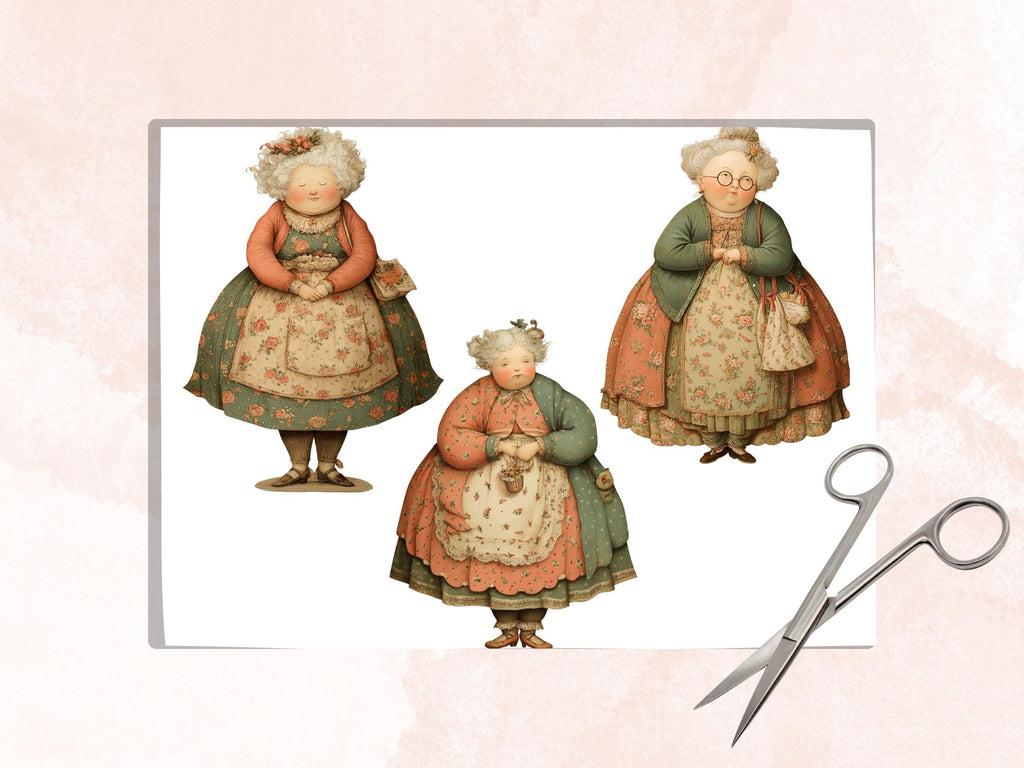 Whimsical Curvy Grandma Fussy Cuts, 40 Printable Paper Doll Grandma Cutouts, Quirky Ephemera Junk Journal Scrapbook