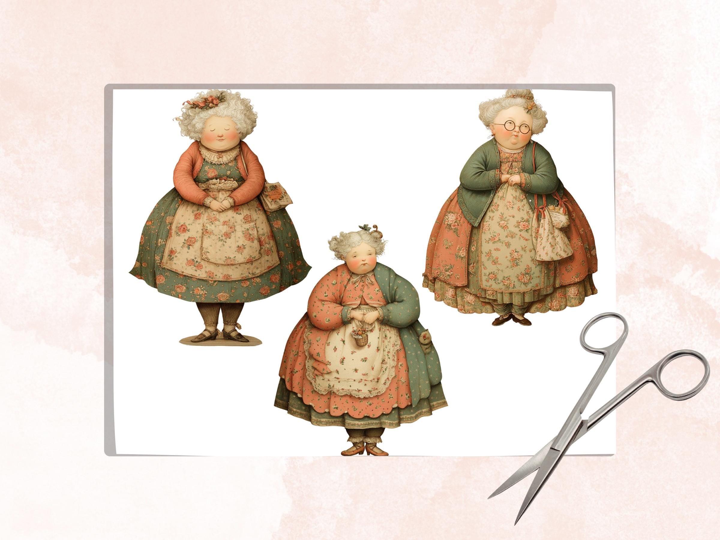 Whimsical Curvy Grandma Fussy Cuts, 40 Printable Paper Doll Grandma Cutouts, Quirky Ephemera Junk Journal Scrapbook